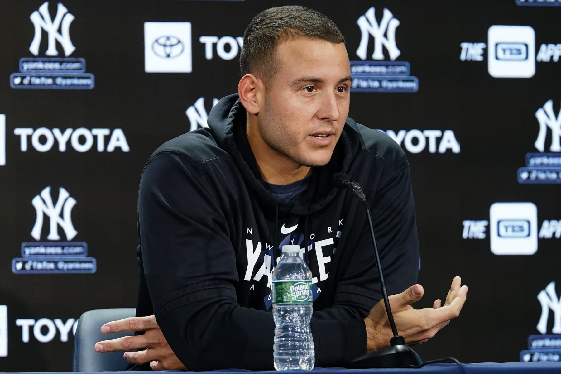 New York Yankees' Anthony Rizzo responds to questions during a news interview before a baseball game against the Houston Astros Thursday, Aug. 3, 2023, in New York. (AP Photo/Frank Franklin II)