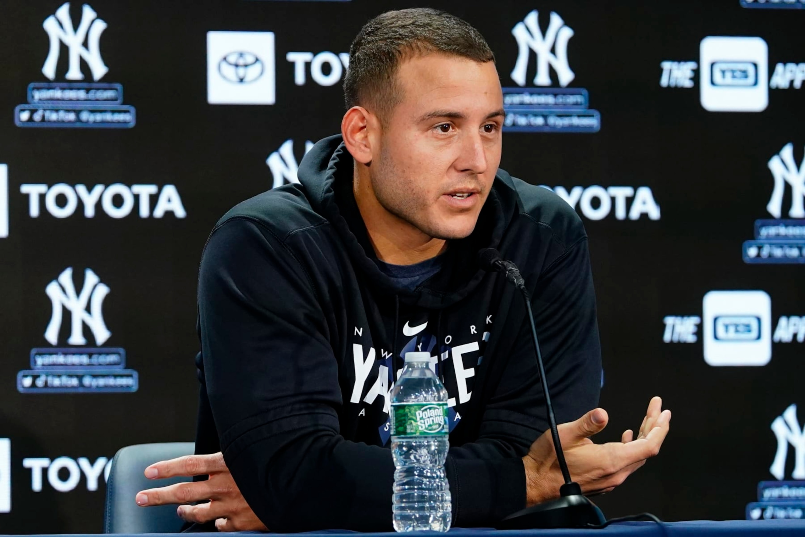 New York Yankees' Anthony Rizzo responds to questions during a news interview before a baseball game against the Houston Astros Thursday, Aug. 3, 2023, in New York. (AP Photo/Frank Franklin II) New York Yankees' Anthony Rizzo responds to questions during a news interview before a baseball game against the Houston Astros Thursday, Aug. 3, 2023, in New York. (AP Photo/Frank Franklin II)