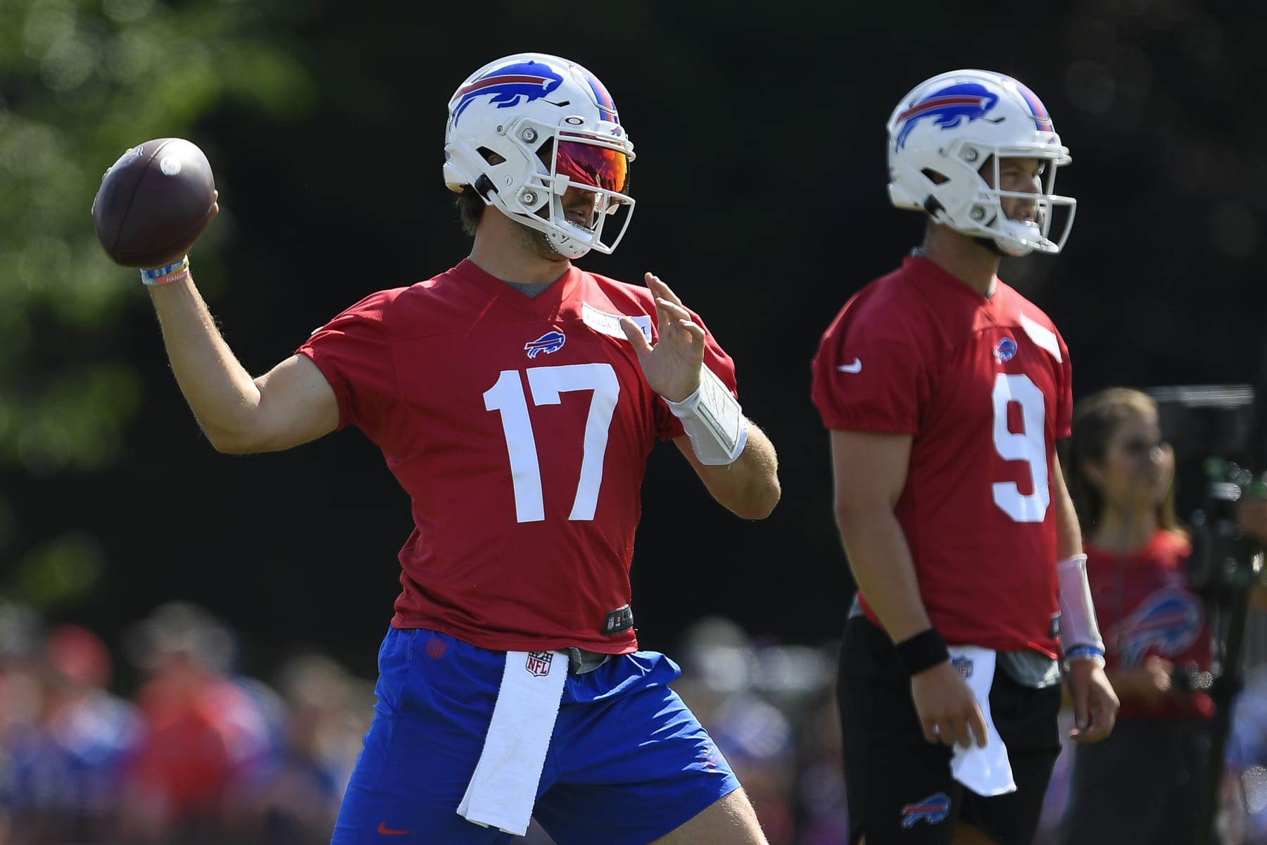 Buffalo Bills quarterback Josh Allen (17) throws a pass during practice at the NFL football team's training camp in Pittsford, N.Y., Sunday, July 30, 2023. (AP Photo/Adrian Kraus) Buffalo Bills quarterback Josh Allen (17) throws a pass during practice at the NFL football team's training camp in Pittsford, N.Y., Sunday, July 30, 2023. (AP Photo/Adrian Kraus)