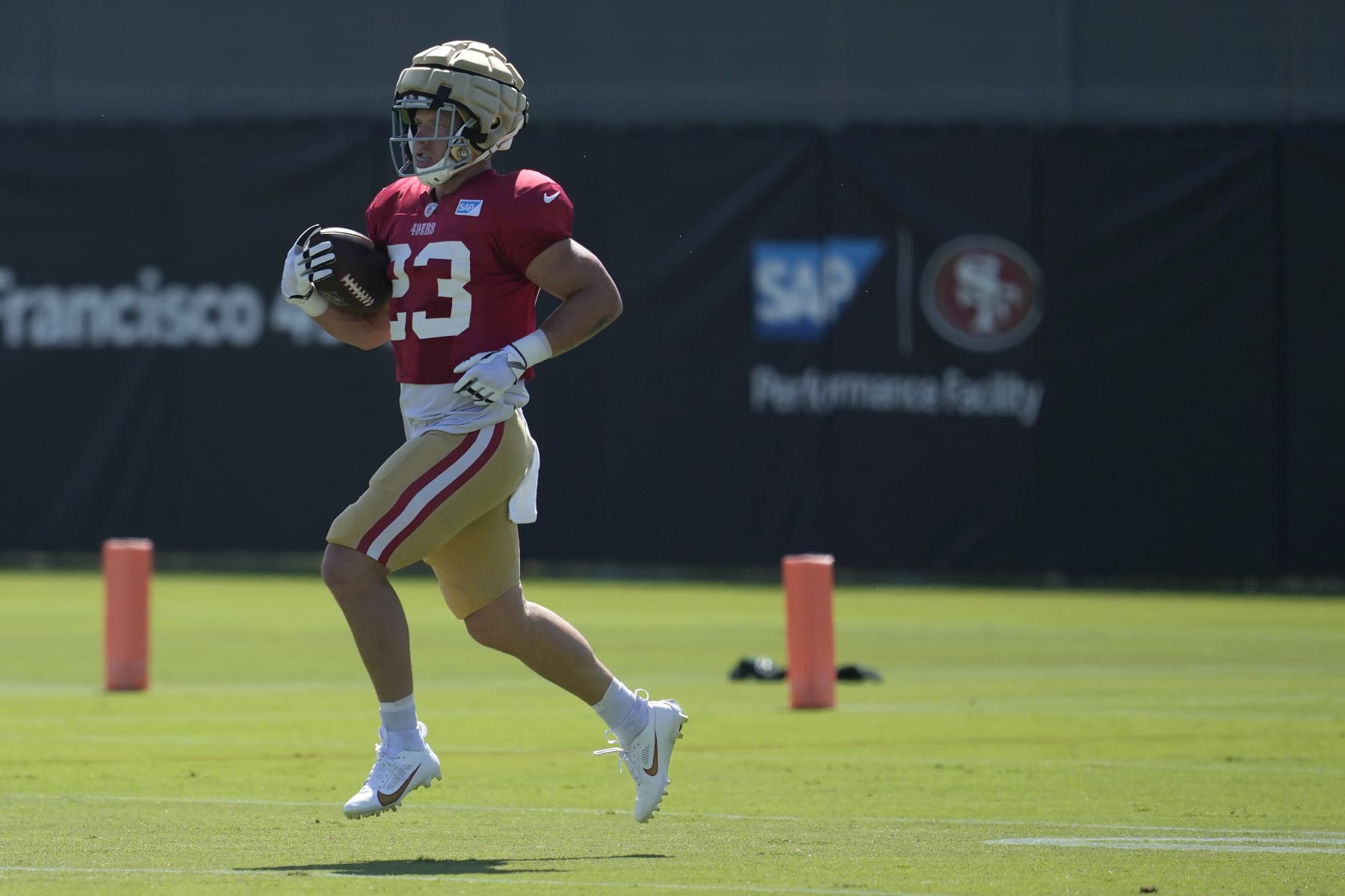 San Francisco 49ers running back Christian McCaffrey (23) takes part in drills during the NFL team's football training camp in Santa Clara, Calif., Tuesday, Aug. 1, 2023. (AP Photo/Jeff Chiu) San Francisco 49ers running back Christian McCaffrey (23) takes part in drills during the NFL team's football training camp in Santa Clara, Calif., Tuesday, Aug. 1, 2023. (AP Photo/Jeff Chiu)
