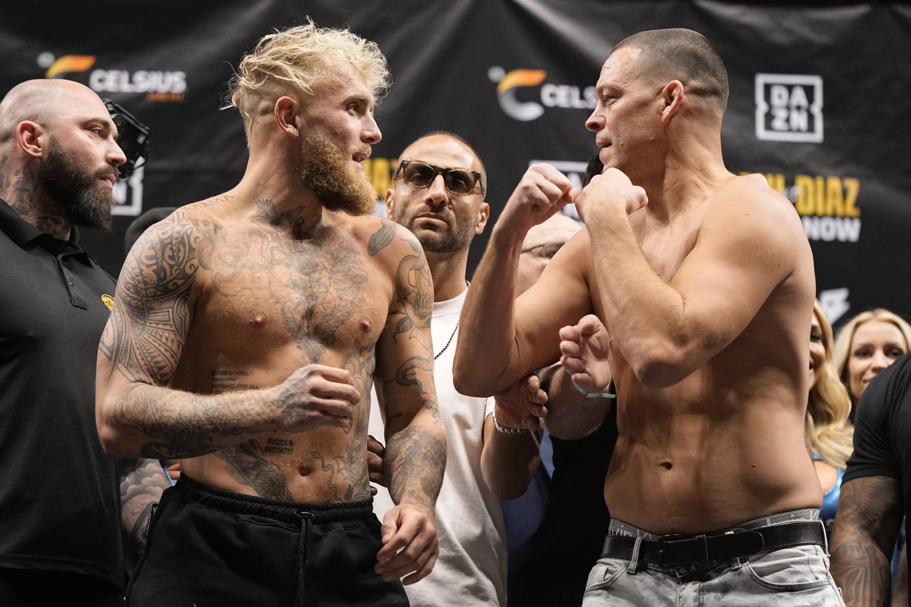 Jake Paul (left) and Nate Diaz face off before their boxing match. 