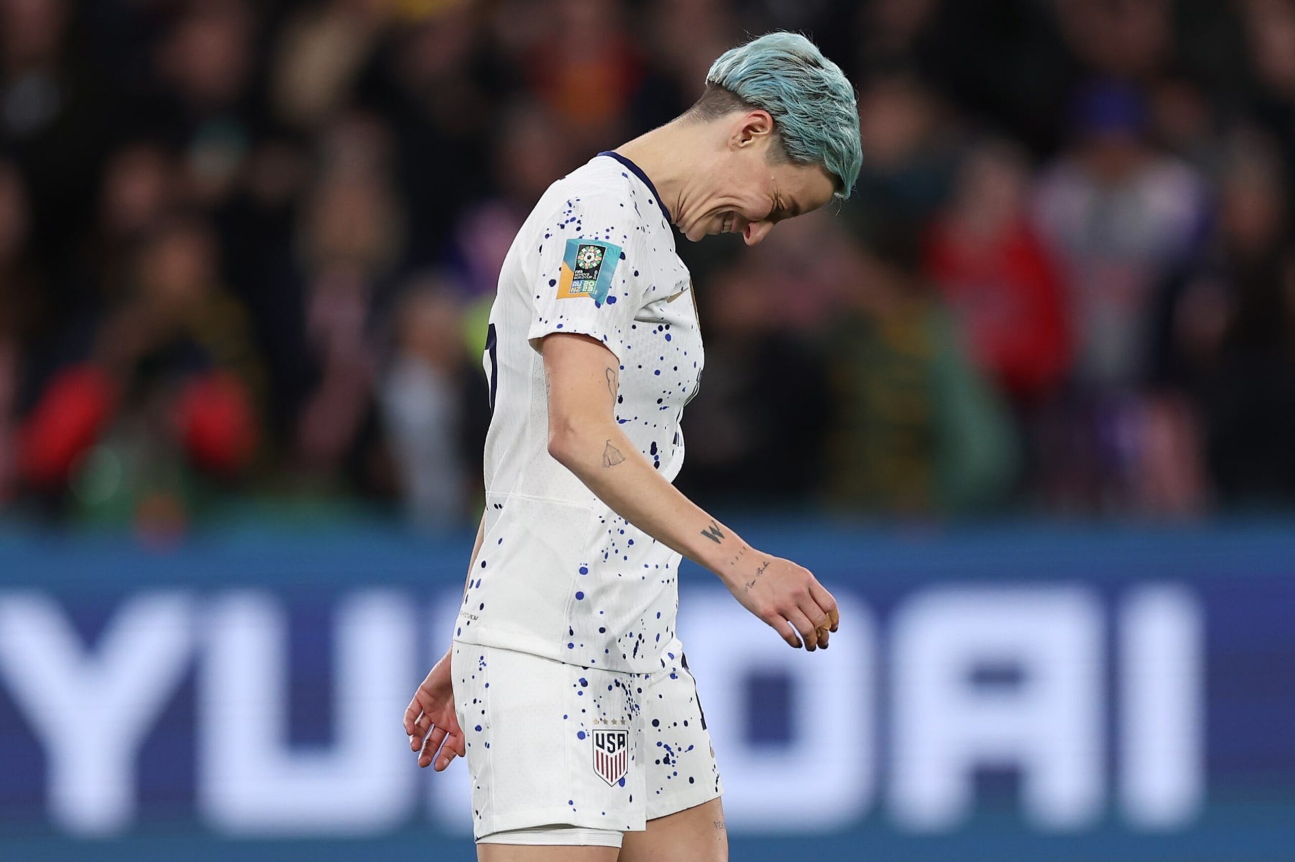 MELBOURNE, AUSTRALIA - AUGUST 06: Megan Rapinoe of USA reacts after missing her team's fourth penalty in the penalty shoot out during the FIFA Women's World Cup Australia & New Zealand 2023 Round of 16 match between Sweden and USA at Melbourne Rectangular Stadium on August 06, 2023 in Melbourne / Naarm, Australia. (Photo by Alex Pantling - FIFA/FIFA via Getty Images)