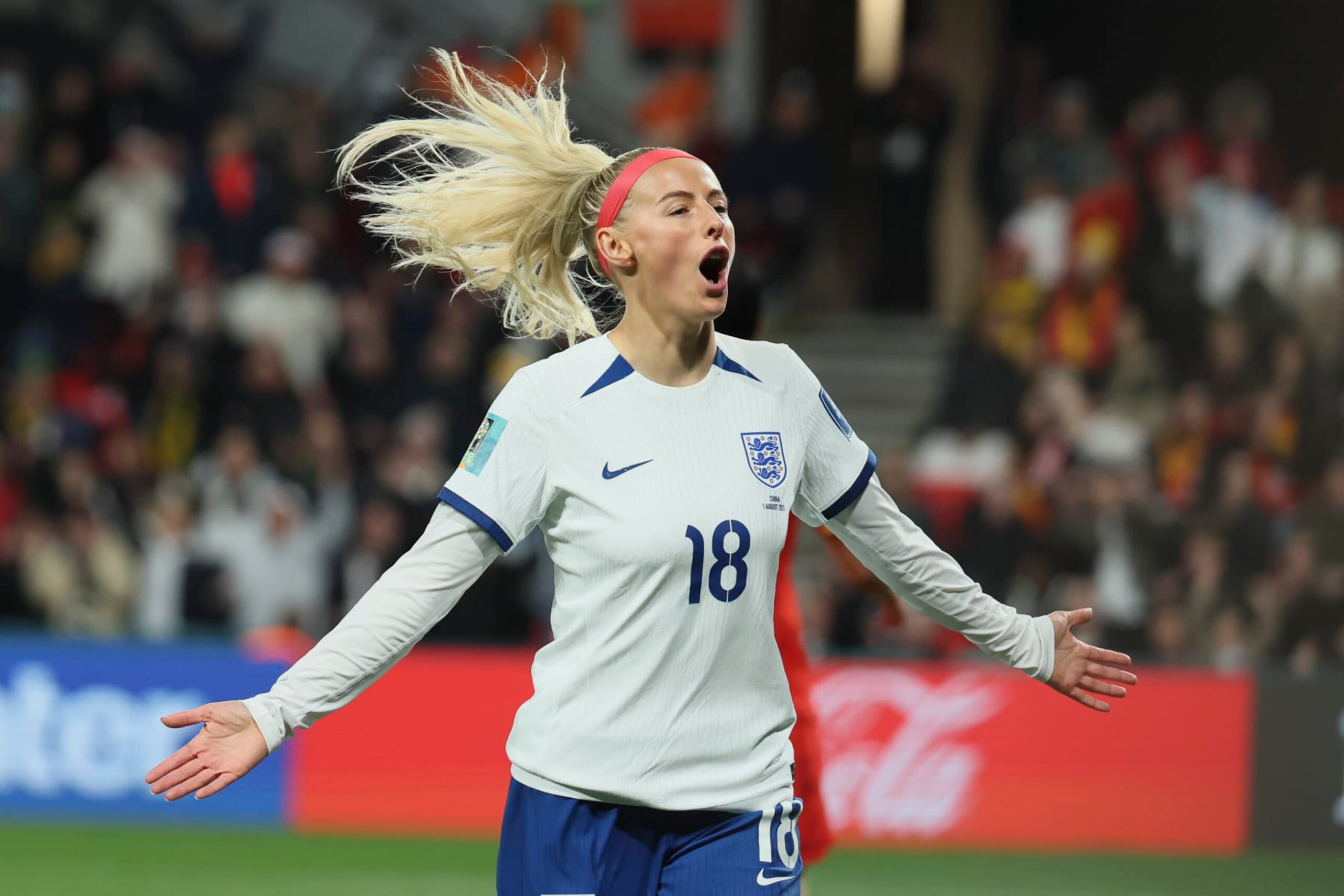 England's Chloe Kelly, celebrates after she scored during the Women's World Cup Group D soccer match between China and England in Adelaide, Australia, Tuesday, Aug. 1, 2023. (AP Photo/James Elsby)