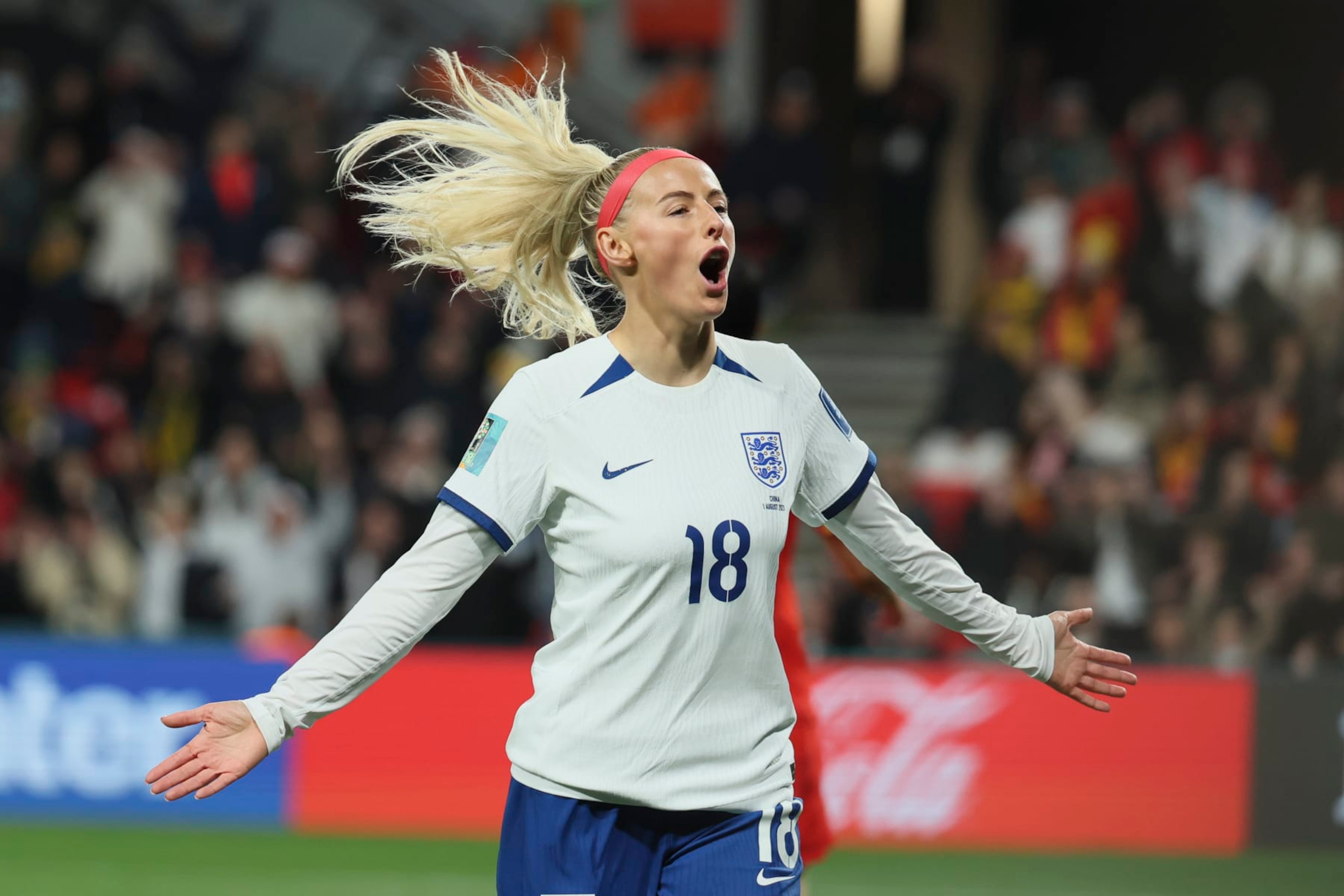 England's Chloe Kelly, celebrates after she scored during the Women's World Cup Group D soccer match between China and England in Adelaide, Australia, Tuesday, Aug. 1, 2023. (AP Photo/James Elsby)