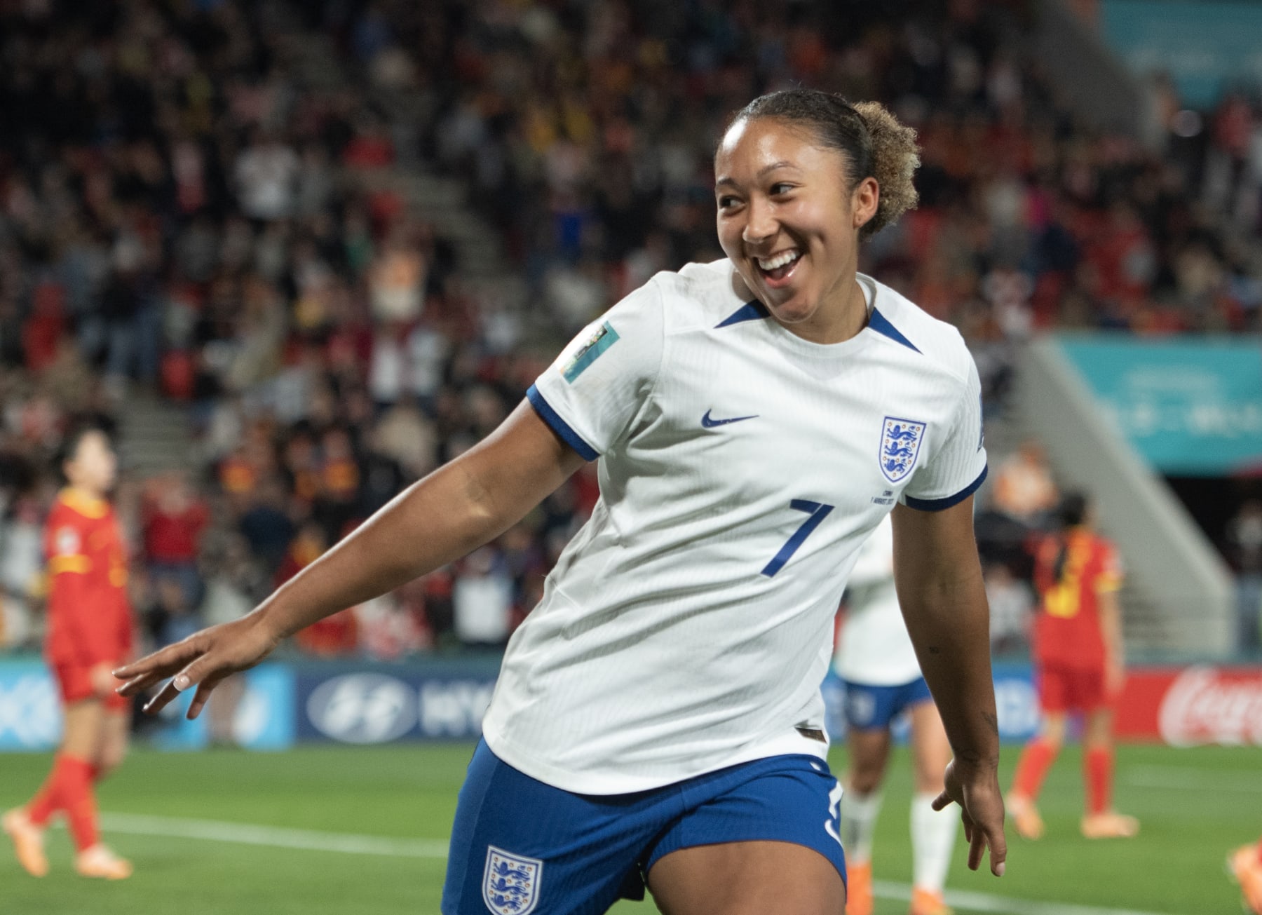 ADELAIDE, AUSTRALIA - AUGUST 01: Lauren James of England celebrates scoring during the FIFA Women's World Cup Australia & New Zealand 2023 Group D match between China and England at Hindmarsh Stadium on August 1, 2023 in Adelaide, Australia. (Photo by Joe Prior/Visionhaus via Getty Images)