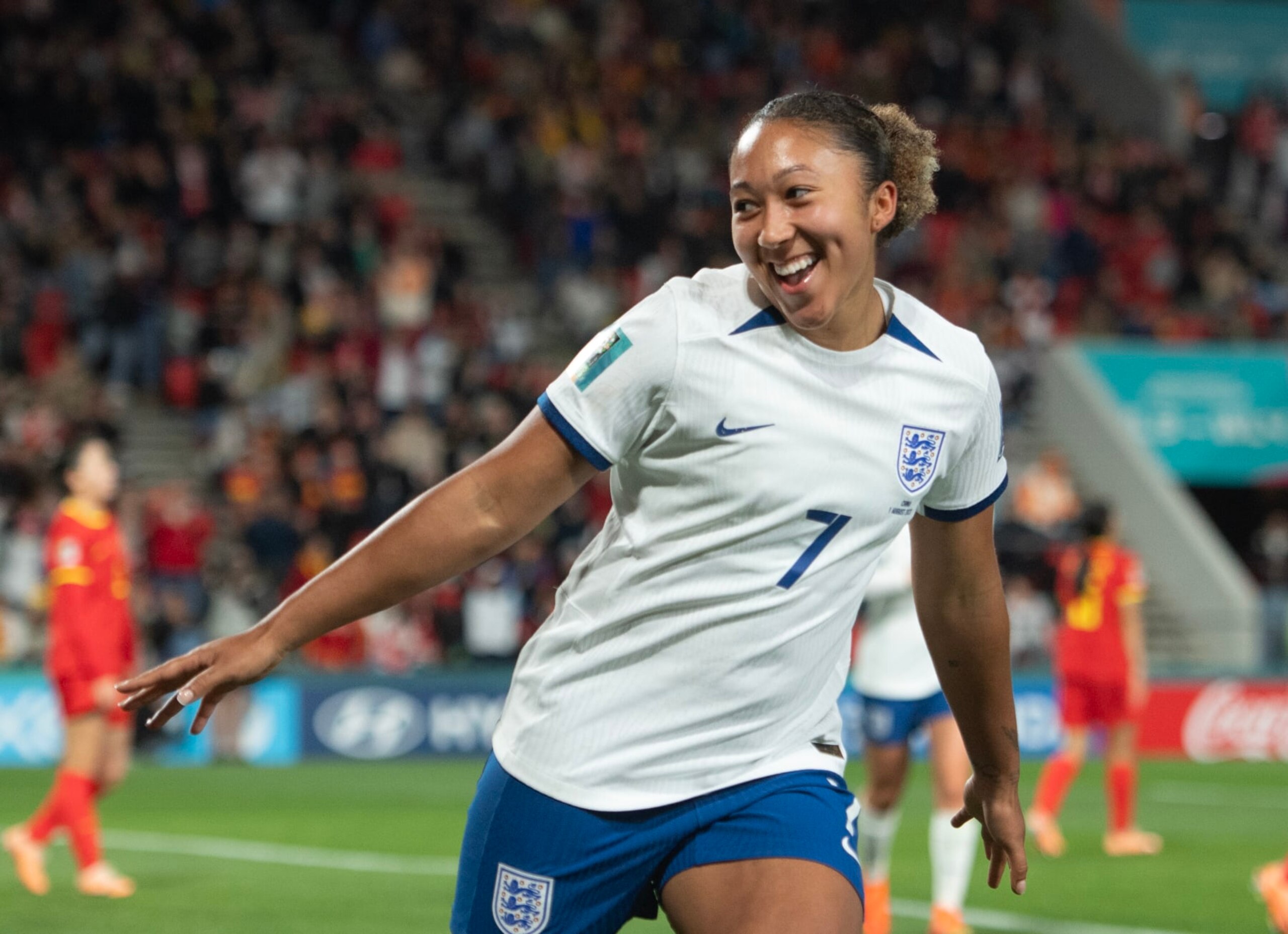 ADELAIDE, AUSTRALIA - AUGUST 01: Lauren James of England celebrates scoring during the FIFA Women's World Cup Australia & New Zealand 2023 Group D match between China and England at Hindmarsh Stadium on August 1, 2023 in Adelaide, Australia. (Photo by Joe Prior/Visionhaus via Getty Images)