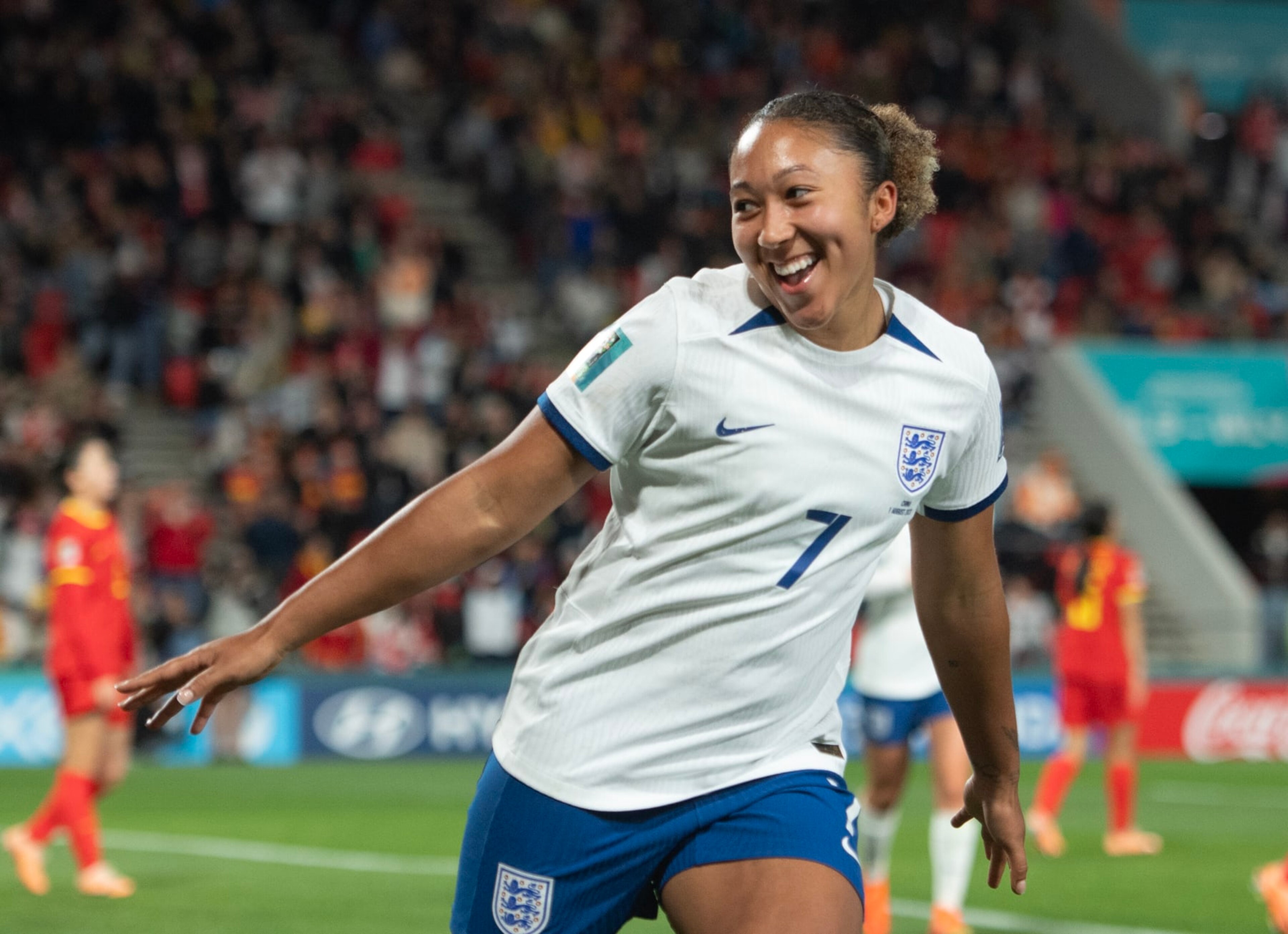 ADELAIDE, AUSTRALIA - AUGUST 01: Lauren James of England celebrates scoring during the FIFA Women's World Cup Australia & New Zealand 2023 Group D match between China and England at Hindmarsh Stadium on August 1, 2023 in Adelaide, Australia. (Photo by Joe Prior/Visionhaus via Getty Images) ADELAIDE, AUSTRALIA - AUGUST 01: Lauren James of England celebrates scoring during the FIFA Women's World Cup Australia & New Zealand 2023 Group D match between China and England at Hindmarsh Stadium on August 1, 2023 in Adelaide, Australia. (Photo by Joe Prior/Visionhaus via Getty Images)