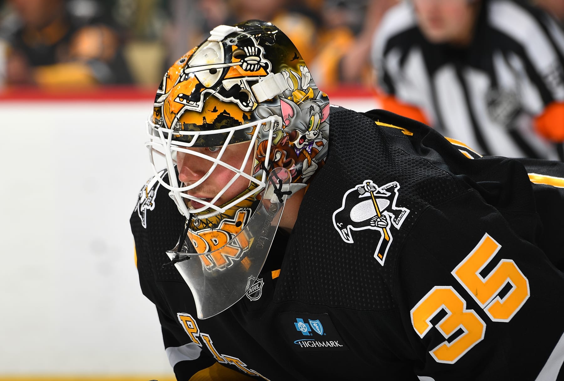 PITTSBURGH, PA - APRIL 06:  Tristan Jarry #35 of the Pittsburgh Penguins skates against the Minnesota Wild at PPG PAINTS Arena on April 6, 2023 in Pittsburgh, Pennsylvania. (Photo by Joe Sargent/NHLI via Getty Images)