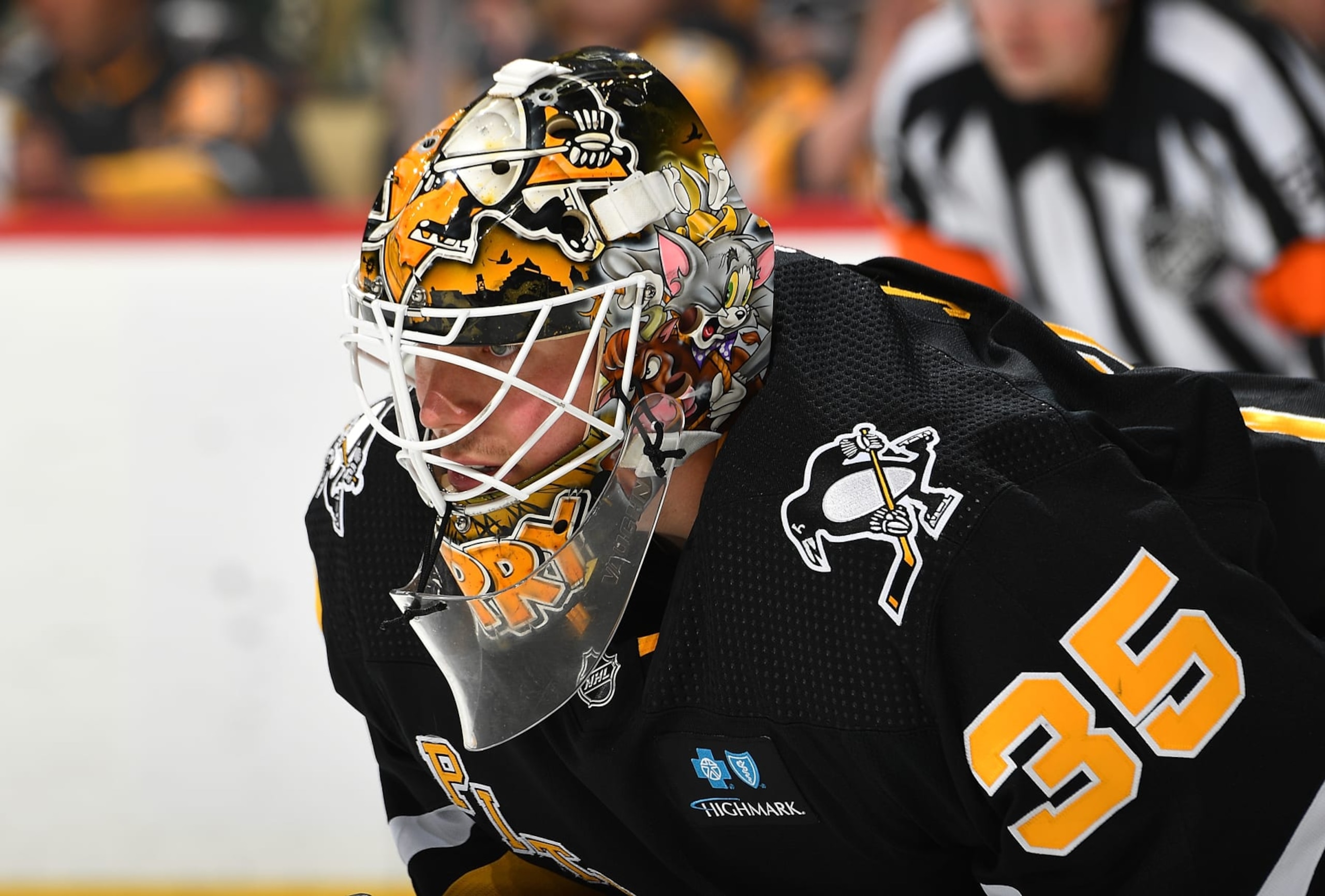 PITTSBURGH, PA - APRIL 06:  Tristan Jarry #35 of the Pittsburgh Penguins skates against the Minnesota Wild at PPG PAINTS Arena on April 6, 2023 in Pittsburgh, Pennsylvania. (Photo by Joe Sargent/NHLI via Getty Images)