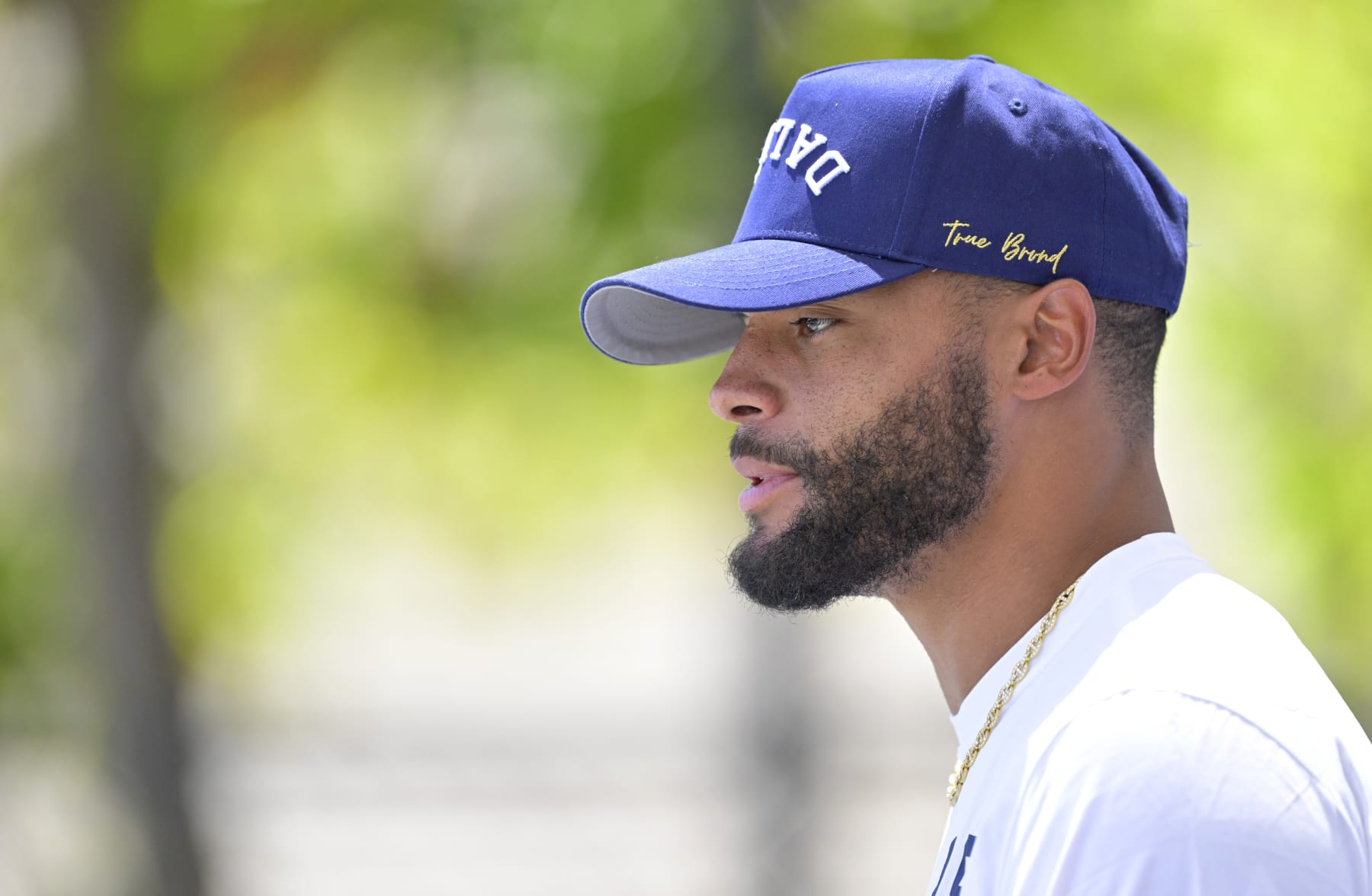 OXNARD, CALIFORNIA - JULY 27: Quarterback Dak Prescott #4 of the Dallas Cowboys speaks at a news conference during training camp at River Ridge Playing Fields on July 27, 2023 in Oxnard, California. (Photo by Jayne Kamin-Oncea/Getty Images)