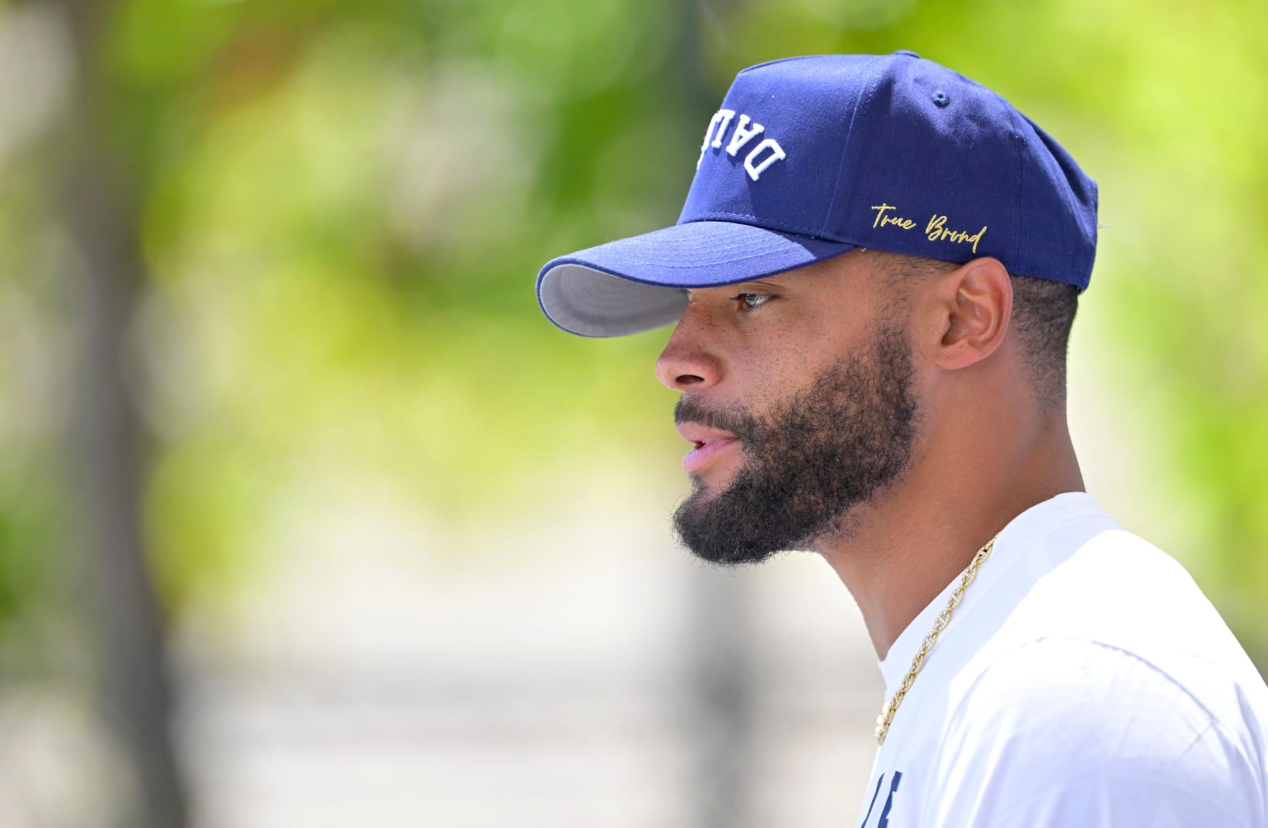 OXNARD, CALIFORNIA - JULY 27: Quarterback Dak Prescott #4 of the Dallas Cowboys speaks at a news conference during training camp at River Ridge Playing Fields on July 27, 2023 in Oxnard, California. (Photo by Jayne Kamin-Oncea/Getty Images)