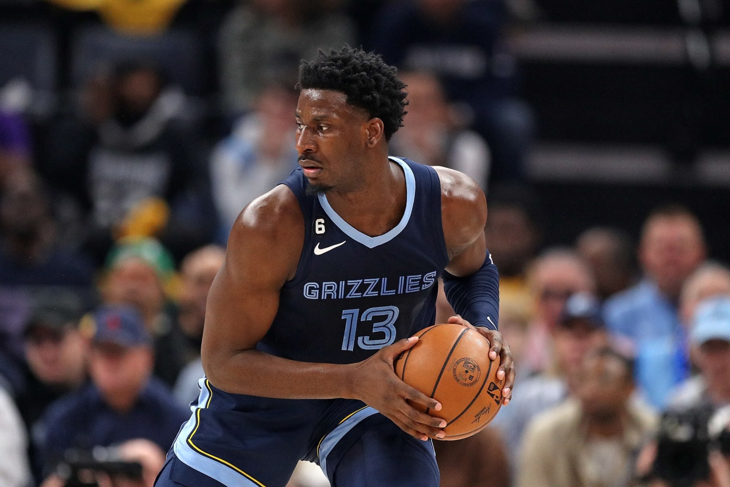 MEMPHIS, TENNESSEE - APRIL 16: Jaren Jackson Jr. #13 of the Memphis Grizzlies handles the ball during the game against the Los Angeles Lakers during Game One of the Western Conference First Round Playoffs at FedExForum on April 16, 2023 in Memphis, Tennessee. NOTE TO USER: User expressly acknowledges and agrees that, by downloading and or using this photograph, User is consenting to the terms and conditions of the Getty Images License Agreement.  (Photo by Justin Ford/Getty Images)