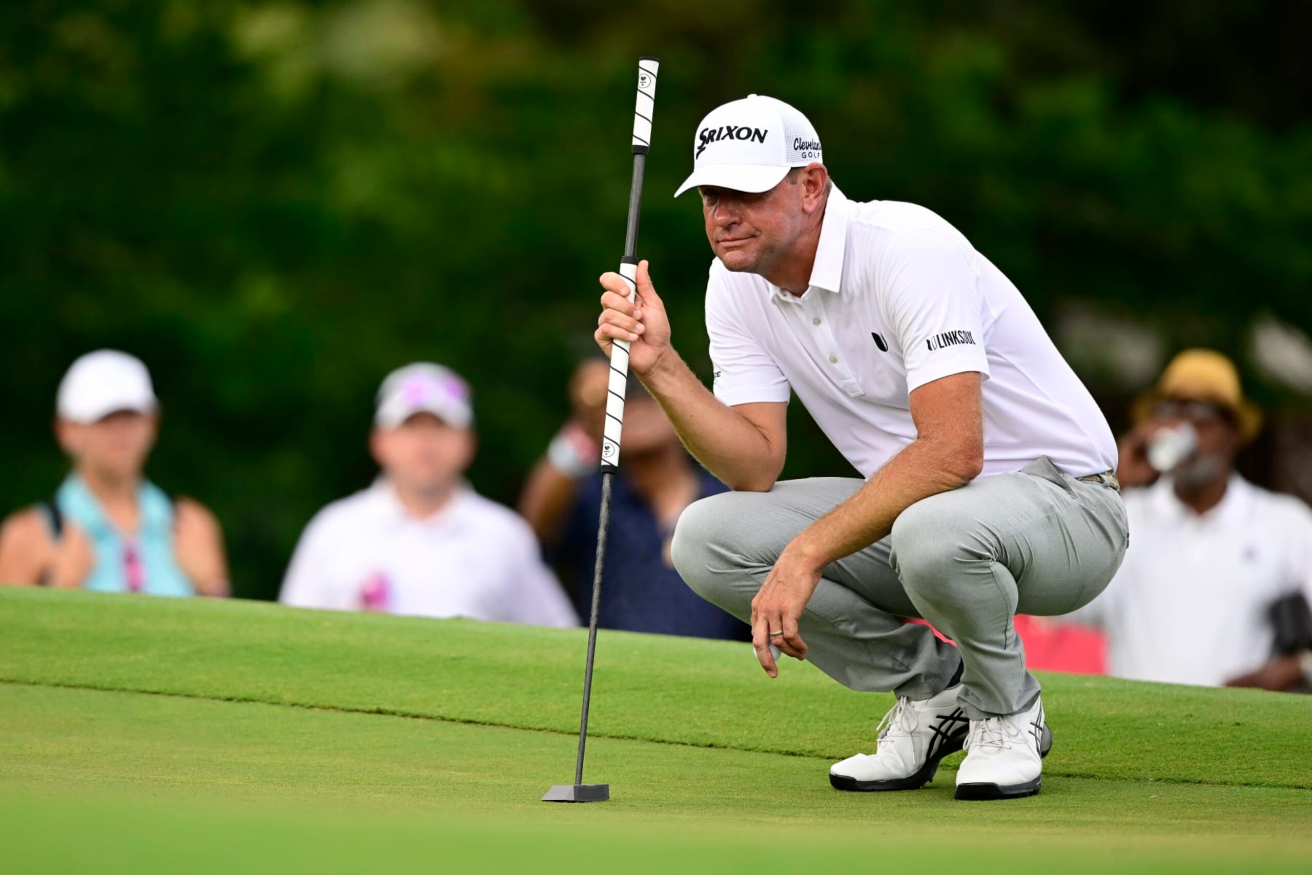 GREENSBORO, NORTH CAROLINA - AUGUST 06: Lucas Glover of the United States lines up a putt on the ninth green during the final round of the Wyndham Championship at Sedgefield Country Club on August 06, 2023 in Greensboro, North Carolina. (Photo by Logan Whitton/Getty Images)