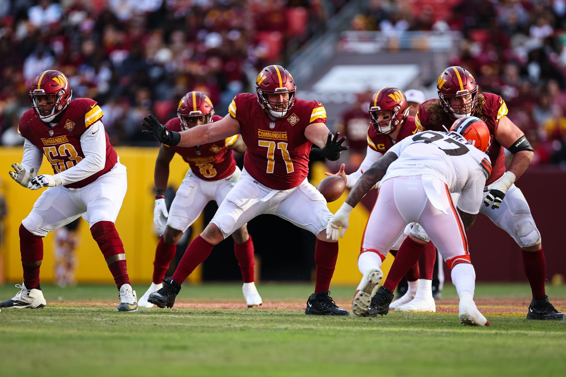 LANDOVER, MD - JANUARY 01: Offensive linemen Trai Turner #53, Wes Schweitzer #71, and Andrew Norwell #68 of the Washington Commanders in action against the Cleveland Browns during the second half of the game at FedExField on January 1, 2023 in Landover, Maryland. (Photo by Scott Taetsch/Getty Images)