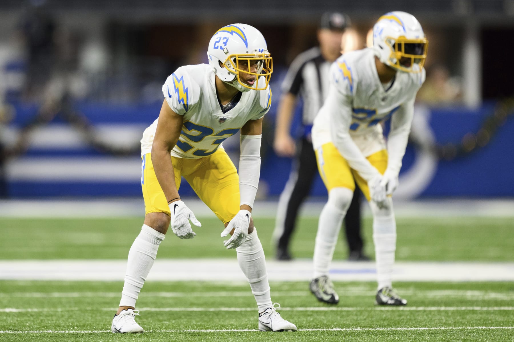 Los Angeles Chargers cornerback Bryce Callahan (23) lines up on defense during an NFL football game against the Indianapolis Colts, Monday, Dec. 26, 2022, in Indianapolis. (AP Photo/Zach Bolinger)