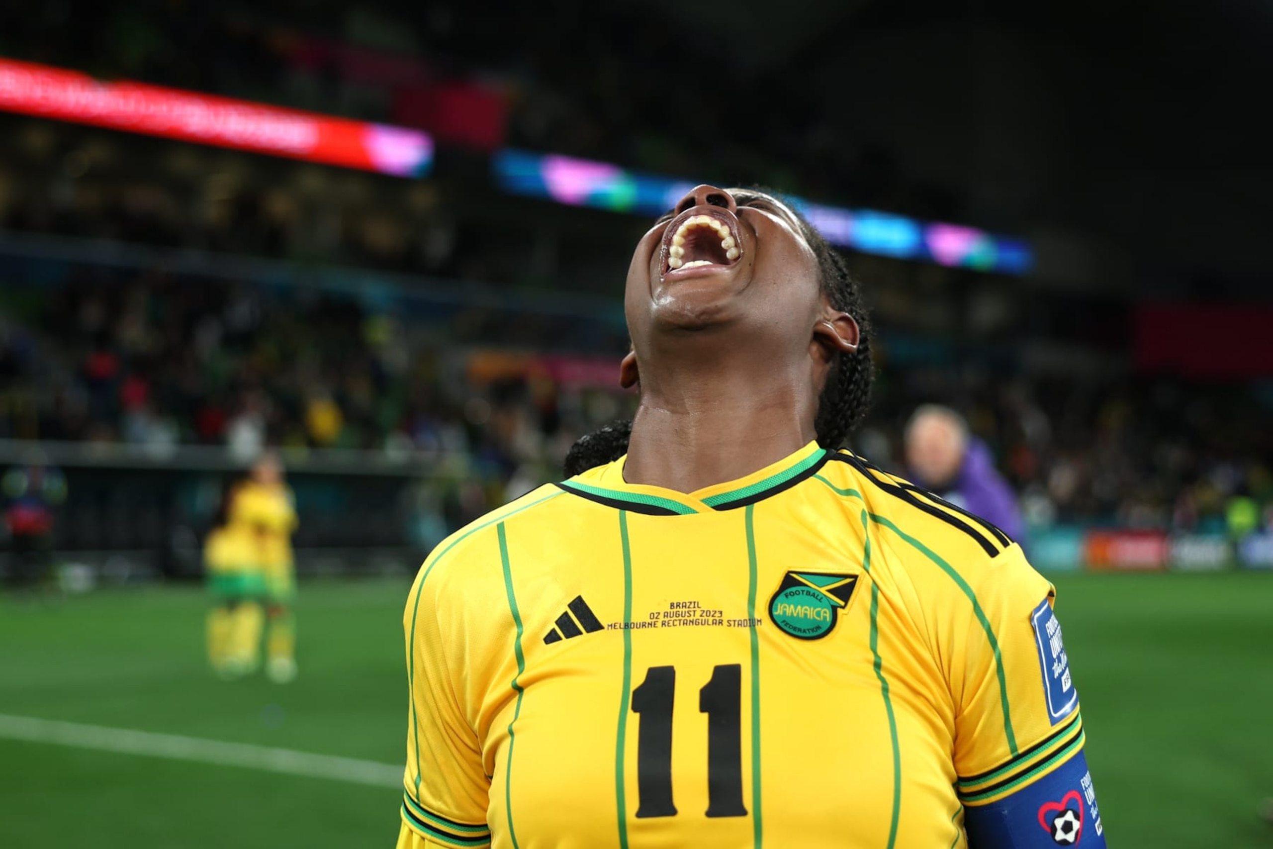 MELBOURNE, AUSTRALIA - AUGUST 02: Khadija Shaw of Jamaica celebrates at the full time whistle  during the FIFA Women's World Cup Australia & New Zealand 2023 Group F match between Jamaica and Brazil at Melbourne Rectangular Stadium on August 02, 2023 in Melbourne / Naarm, Australia. (Photo by Alex Pantling - FIFA/FIFA via Getty Images)