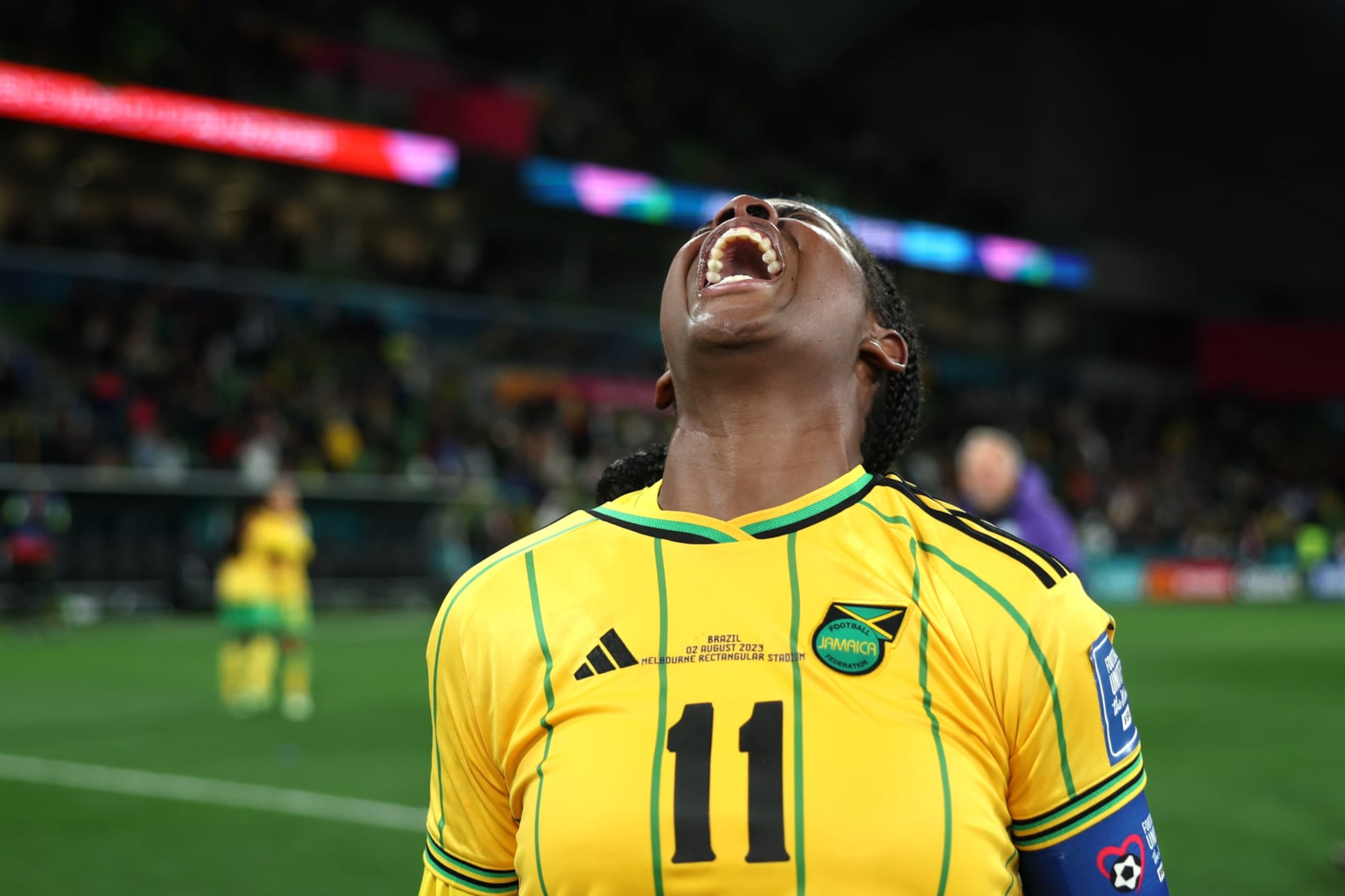 MELBOURNE, AUSTRALIA - AUGUST 02: Khadija Shaw of Jamaica celebrates at the full time whistle  during the FIFA Women's World Cup Australia & New Zealand 2023 Group F match between Jamaica and Brazil at Melbourne Rectangular Stadium on August 02, 2023 in Melbourne / Naarm, Australia. (Photo by Alex Pantling - FIFA/FIFA via Getty Images)