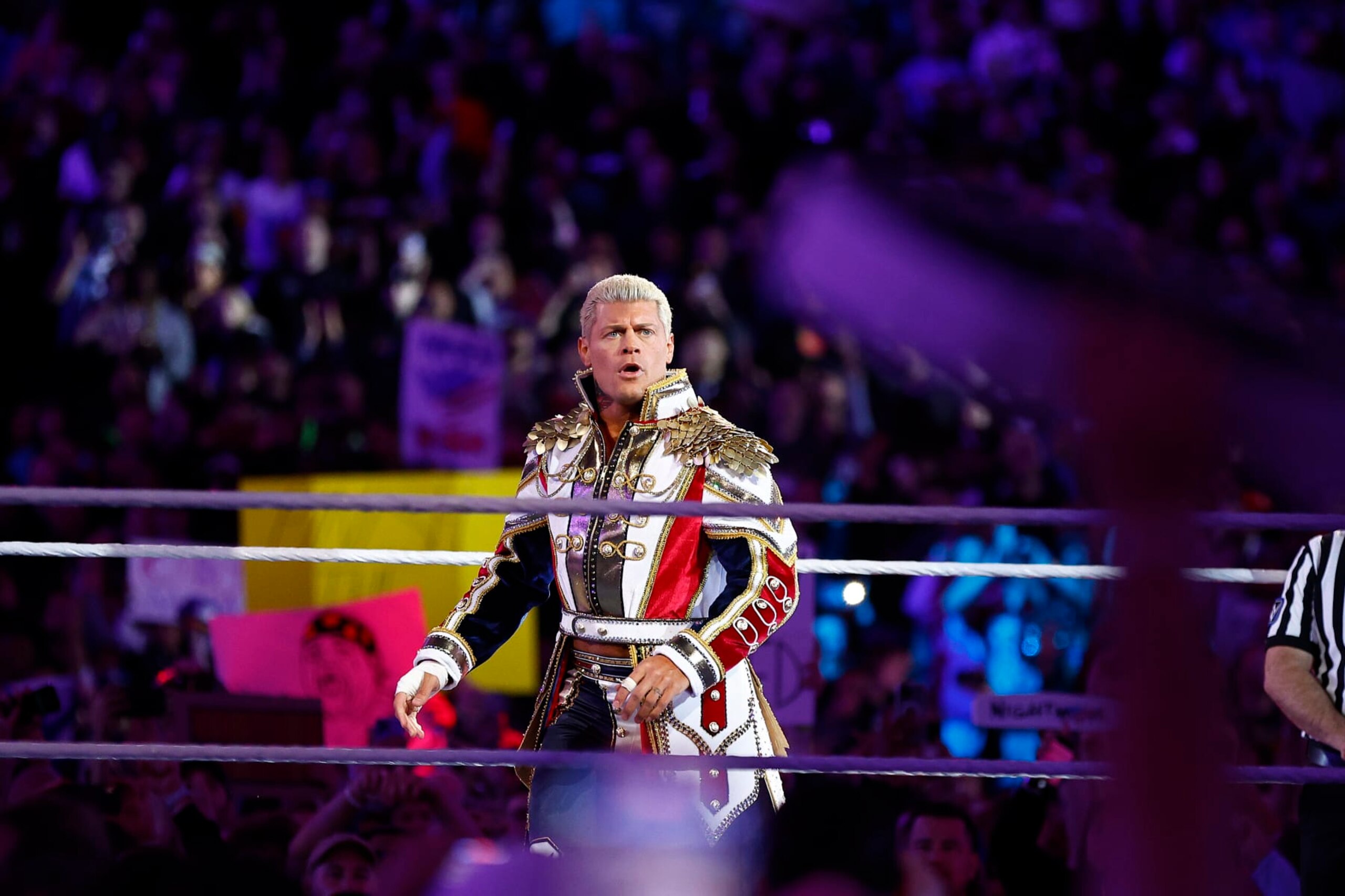 INGLEWOOD, CALIFORNIA - APRIL 02:  (L-R) Cody Rhodes wrestles Roman Reigns for Undisputed WWE Universal Title Match during WrestleMania Goes Hollywood at SoFi Stadium on April 02, 2023 in Inglewood, California.
 (Photo by Ronald Martinez/Getty Images)