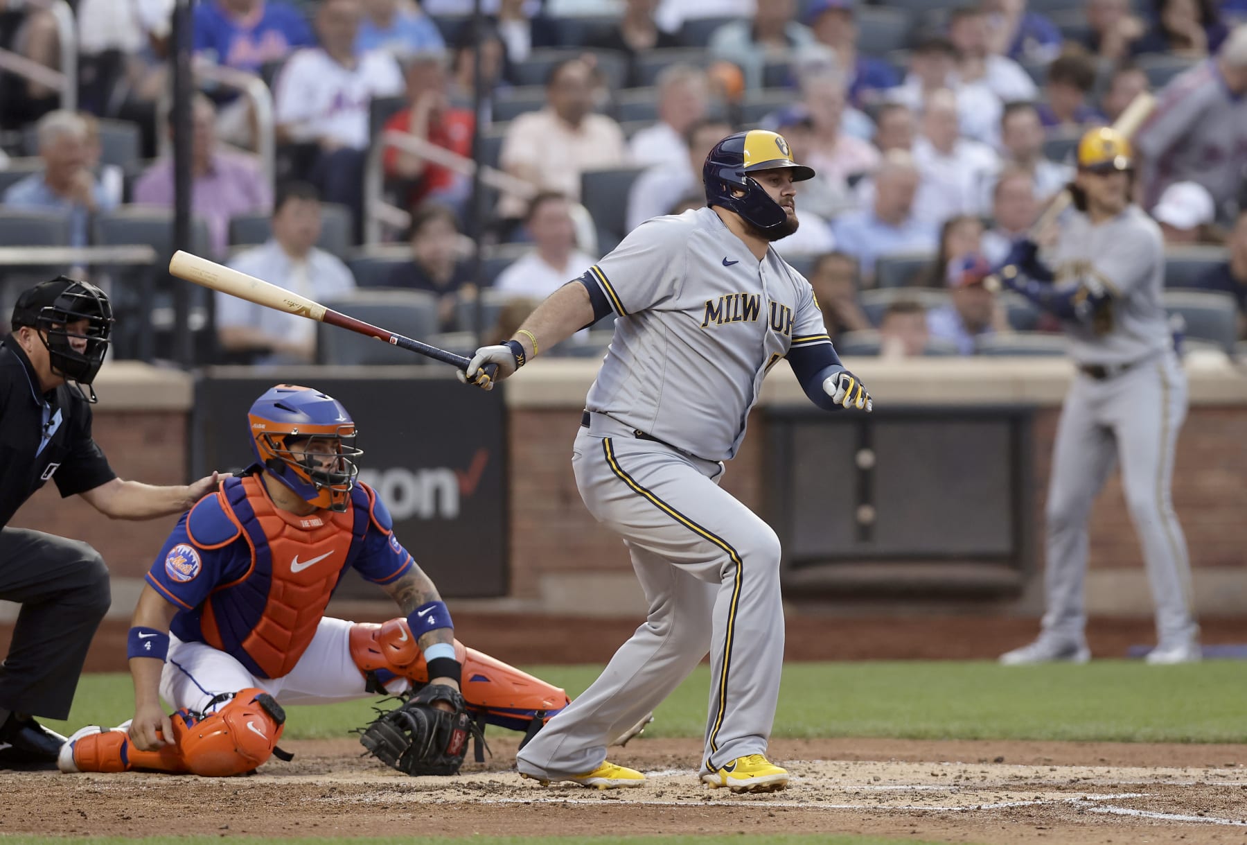 NEW YORK, NEW YORK - JUNE 29:  Rowdy Tellez #11 of the Milwaukee Brewers in action against the New York Mets at Citi Field on June 29, 2023 in New York City. The Brewers defeated the Mets 3-2. (Photo by Jim McIsaac/Getty Images)