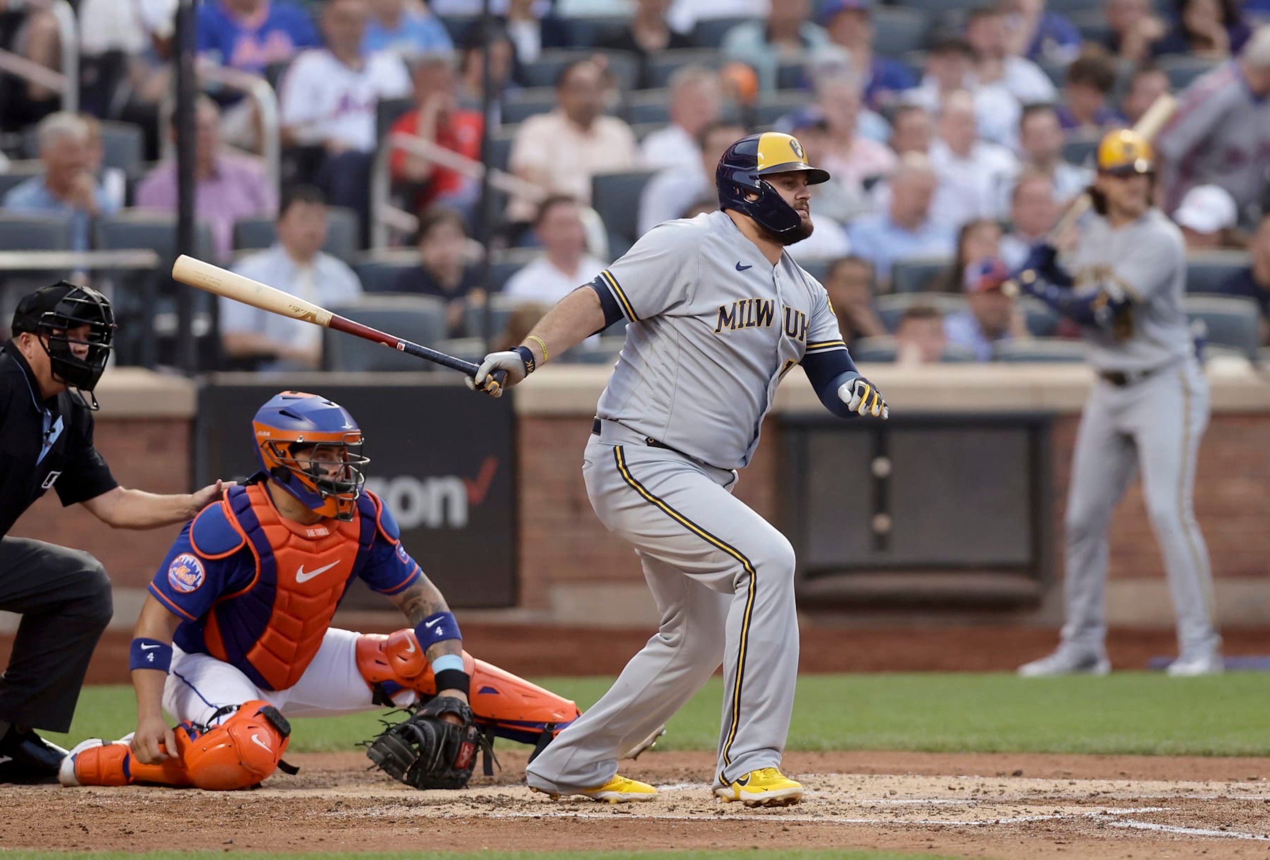 NEW YORK, NEW YORK - JUNE 29:  Rowdy Tellez #11 of the Milwaukee Brewers in action against the New York Mets at Citi Field on June 29, 2023 in New York City. The Brewers defeated the Mets 3-2. (Photo by Jim McIsaac/Getty Images)