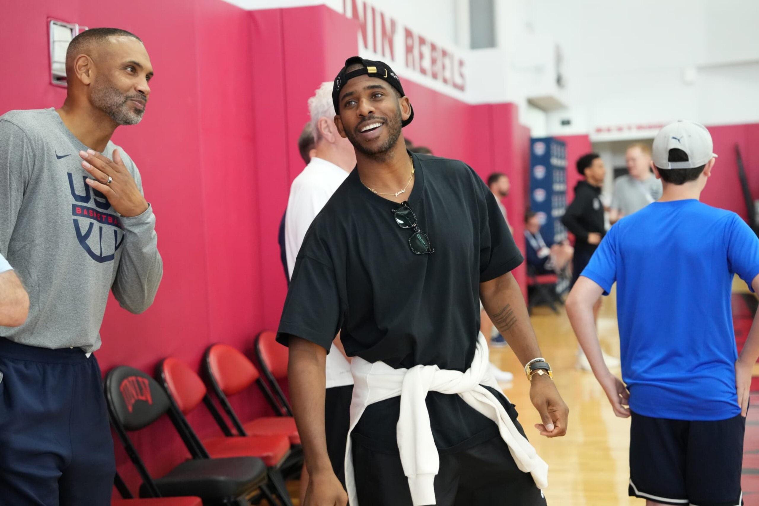 LAS VEGAS, NV - AUGUST 6: Chris Paul smiles during the USA Men's National Team Practice as part of 2023 FIBA World Cup on August 6, 2023 at the Mendenhall Center in Las Vegas, Nevada. NOTE TO USER: User expressly acknowledges and agrees that, by downloading and or using this photograph, User is consenting to the terms and conditions of the Getty Images License Agreement. Mandatory Copyright Notice: Copyright 2023 NBAE (Photo by Jesse D. Garrabrant/NBAE via Getty Images)