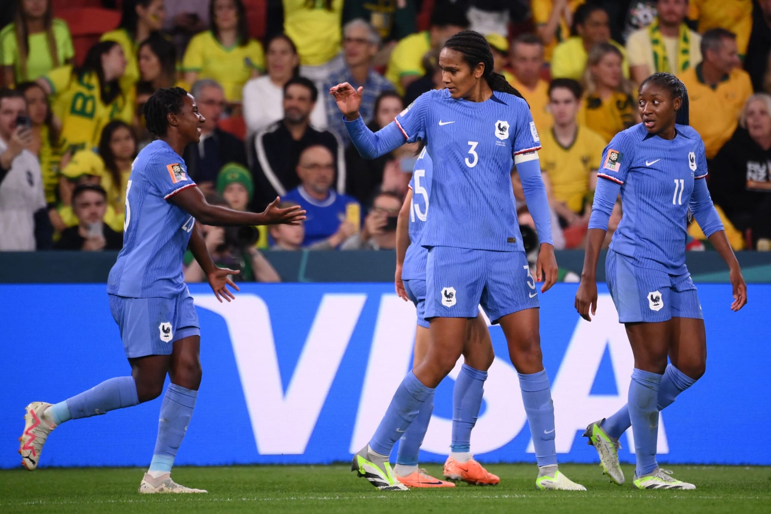 TOPSHOT - France's defender #03 Wendie Renard (C) celebrates scoring her team's second goal during the Australia and New Zealand 2023 Women's World Cup Group F football match between France and Brazil at Brisbane Stadium in Brisbane on July 29, 2023. (Photo by FRANCK FIFE / AFP) (Photo by FRANCK FIFE/AFP via Getty Images)