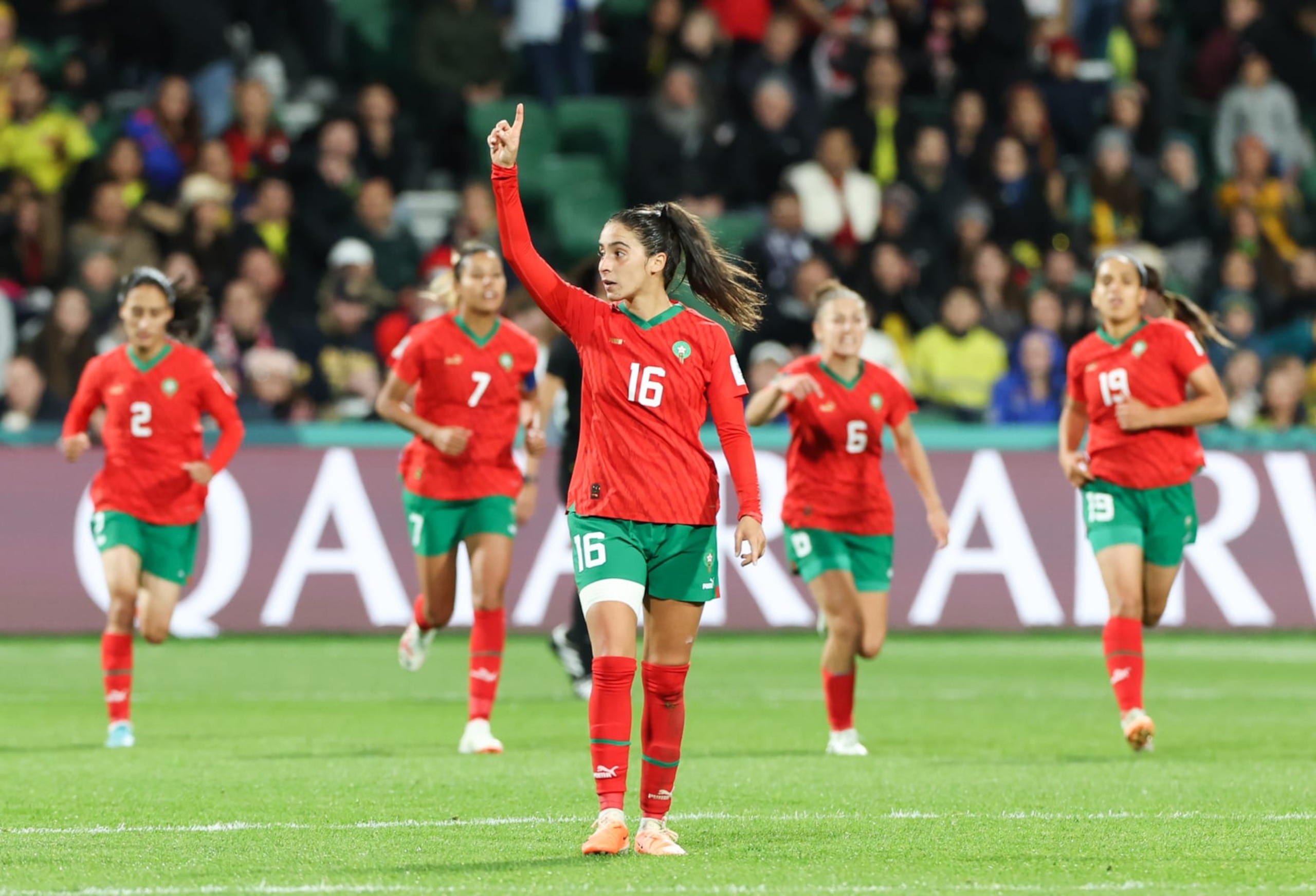 Morocco's Anissa Lahmari celebrates scoring during the Group H match between Morocco and Colombia at the 2023 FIFA Women's World Cup in Perth, Australia, Aug. 3, 2023. (Photo by Ding Ting/Xinhua via Getty Images)