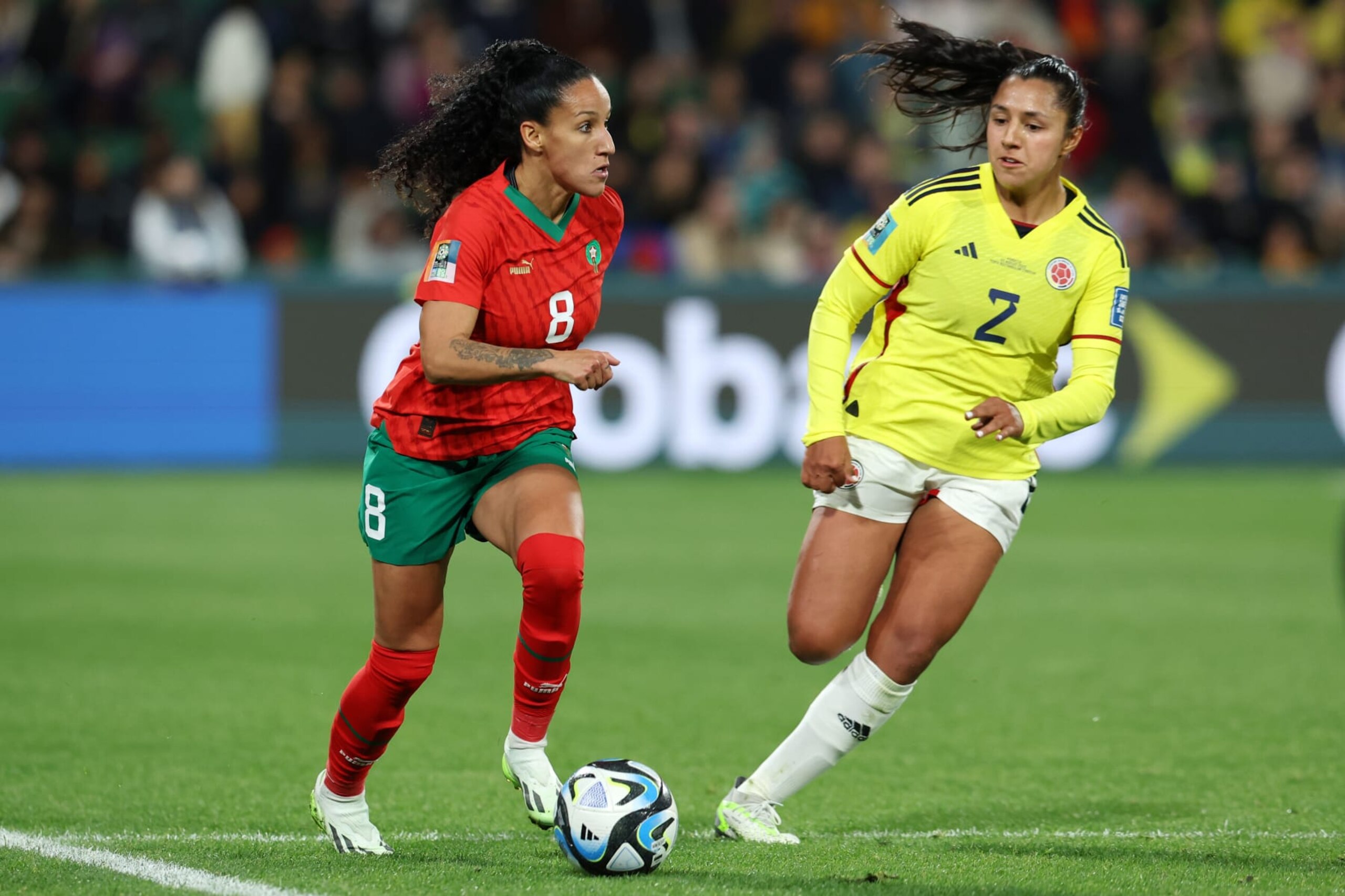 PERTH, AUSTRALIA - AUGUST 03: Salma Amani of Morocco controls the ball against Manuela Vanegas of Colombia during the FIFA Women's World Cup Australia & New Zealand 2023 Group H match between Morocco and Colombia at Perth Rectangular Stadium on August 03, 2023 in Perth, Australia. (Photo by Will Russell - FIFA/FIFA via Getty Images)
