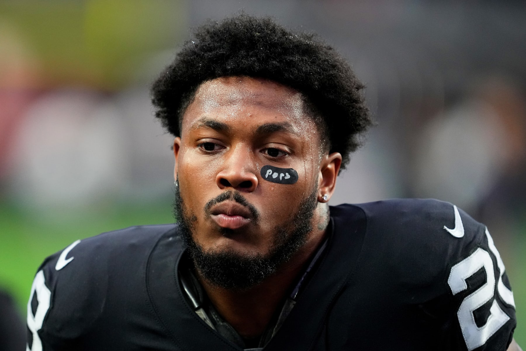 LAS VEGAS, NEVADA - JANUARY 07: Josh Jacobs #28 of the Las Vegas Raiders warms up prior to a game against the Kansas City Chiefs at Allegiant Stadium on January 07, 2023 in Las Vegas, Nevada. (Photo by Chris Unger/Getty Images)