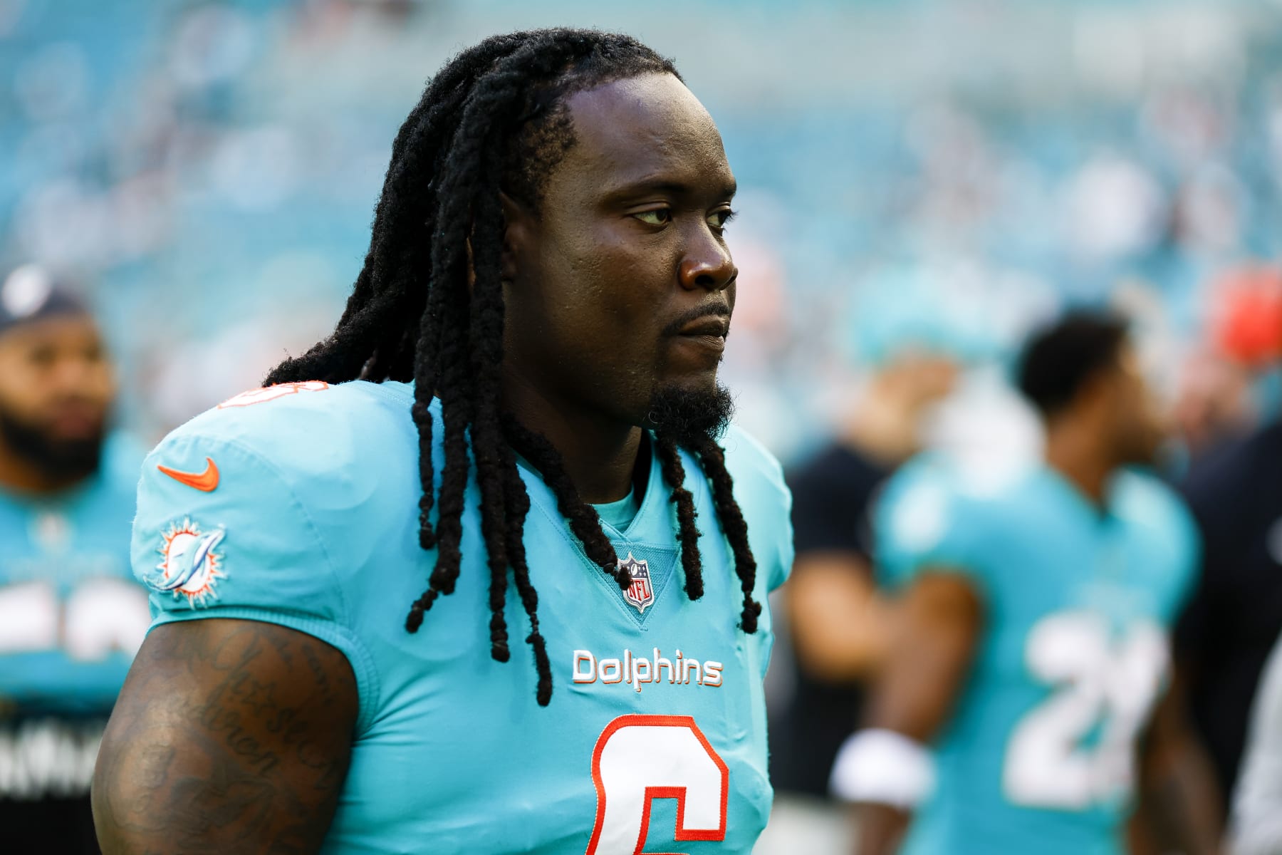 MIAMI GARDENS, FL - JANUARY 8: Melvin Ingram #6 of the Miami Dolphins walks to the tunnel prior to an NFL football game against the New York Jets at Hard Rock Stadium on January 8, 2023 in Miami Gardens, Florida. (Photo by Kevin Sabitus/Getty Images)