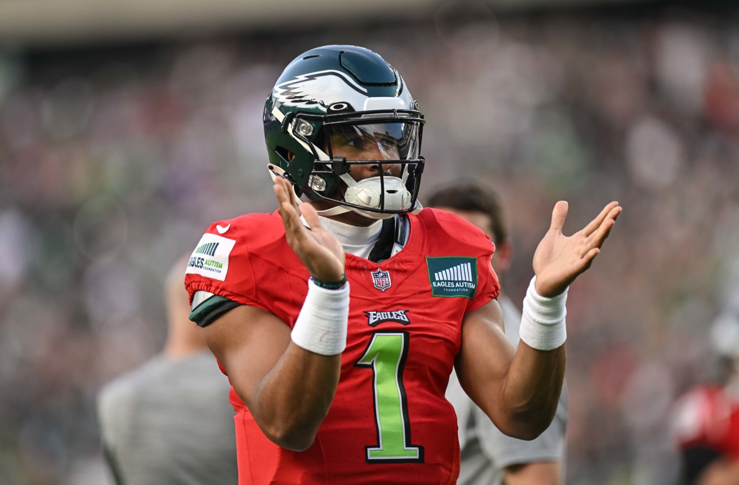 PHILADELPHIA, PA - AUGUST 06: Philadelphia Eagles quarterback Jalen Hurts (1) participates during Philadelphia Eagles training camp on August 6, 2023 at Lincoln Financial Field in Philadelphia, PA (Photo by John Jones/Icon Sportswire via Getty Images)