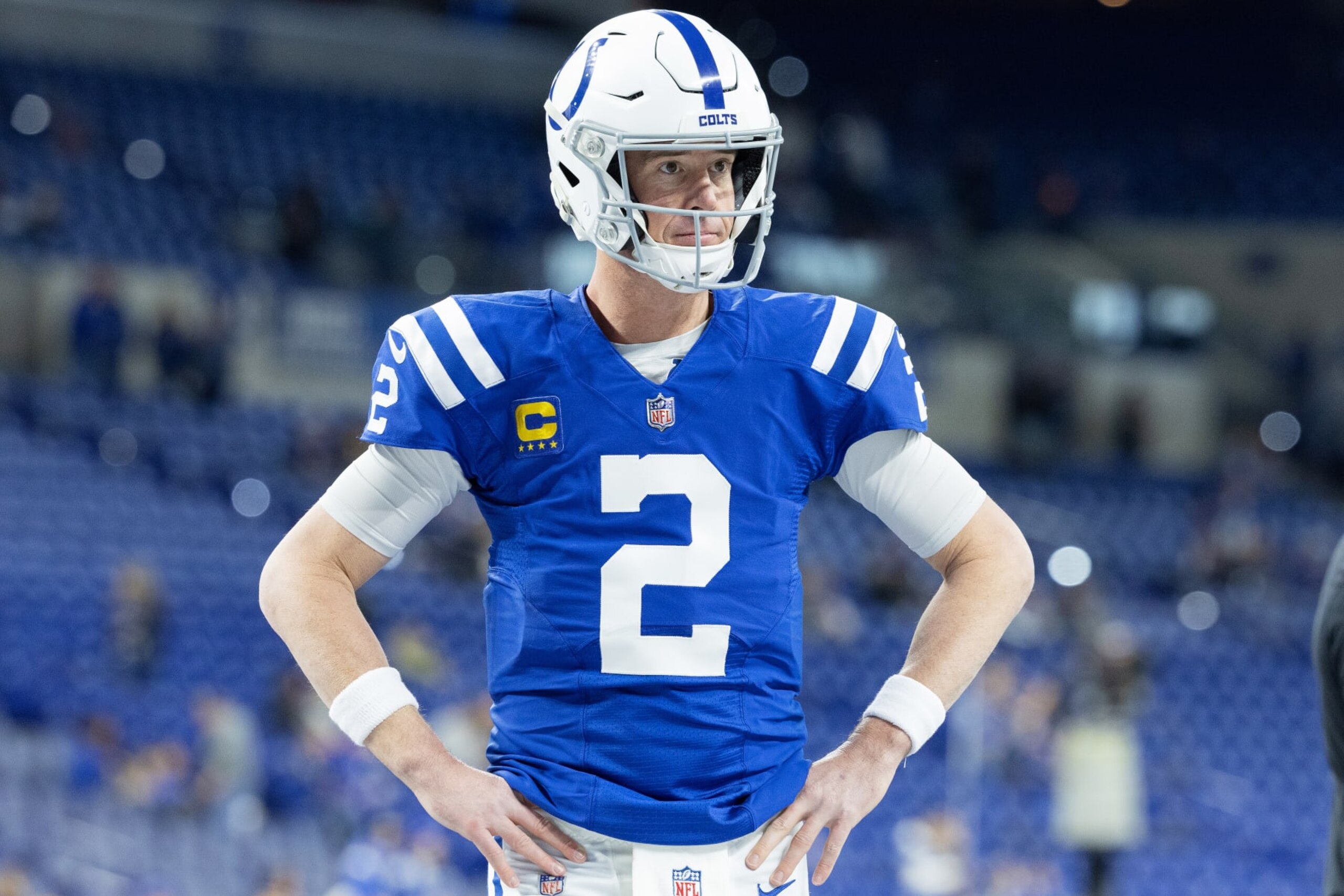 INDIANAPOLIS, INDIANA - JANUARY 08: Matt Ryan #2 of the Indianapolis Colts looks on before the game against the Houston Texans at Lucas Oil Stadium on January 08, 2023 in Indianapolis, Indiana. (Photo by Michael Hickey/Getty Images)