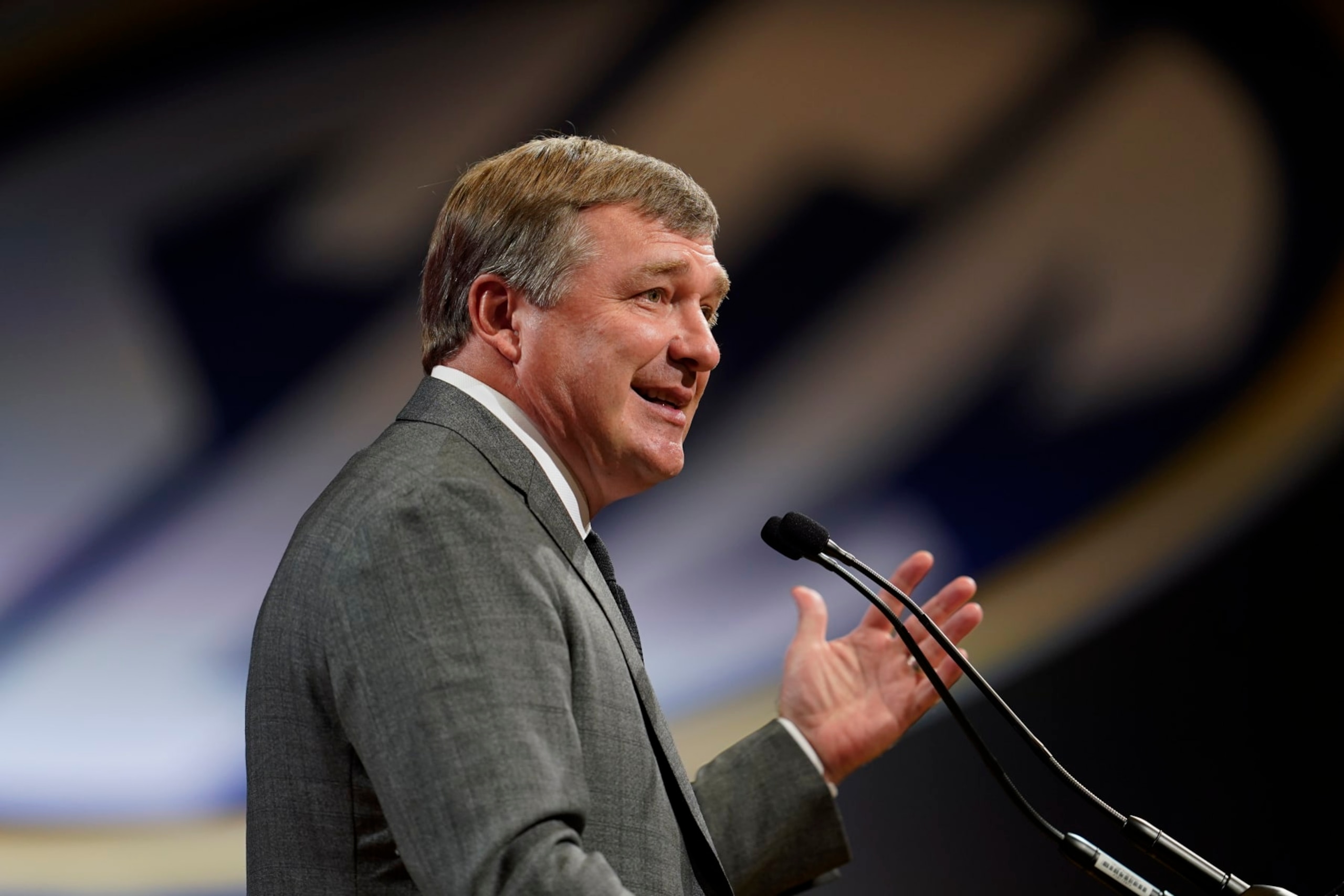 Georgia head coach Kirby Smart speaks during NCAA college football Southeastern Conference Media Days, Tuesday, July 18, 2023, in Nashville, Tenn. (AP Photo/George Walker IV)