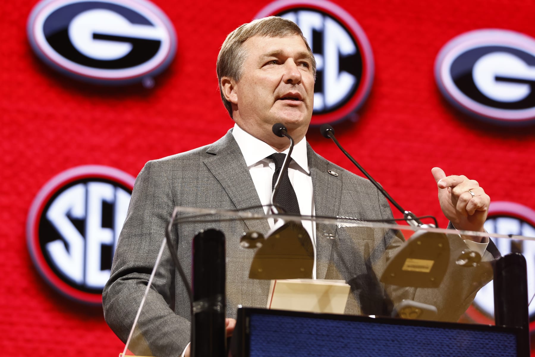 NASHVILLE, TENNESSEE - JULY 18: Head Coach Kirby Smart of the Georgia Bulldogs speaks during Day 2 of the 2023 SEC Media Days at Grand Hyatt Nashville on July 18, 2023 in Nashville, Tennessee. (Photo by Johnnie Izquierdo/Getty Images)