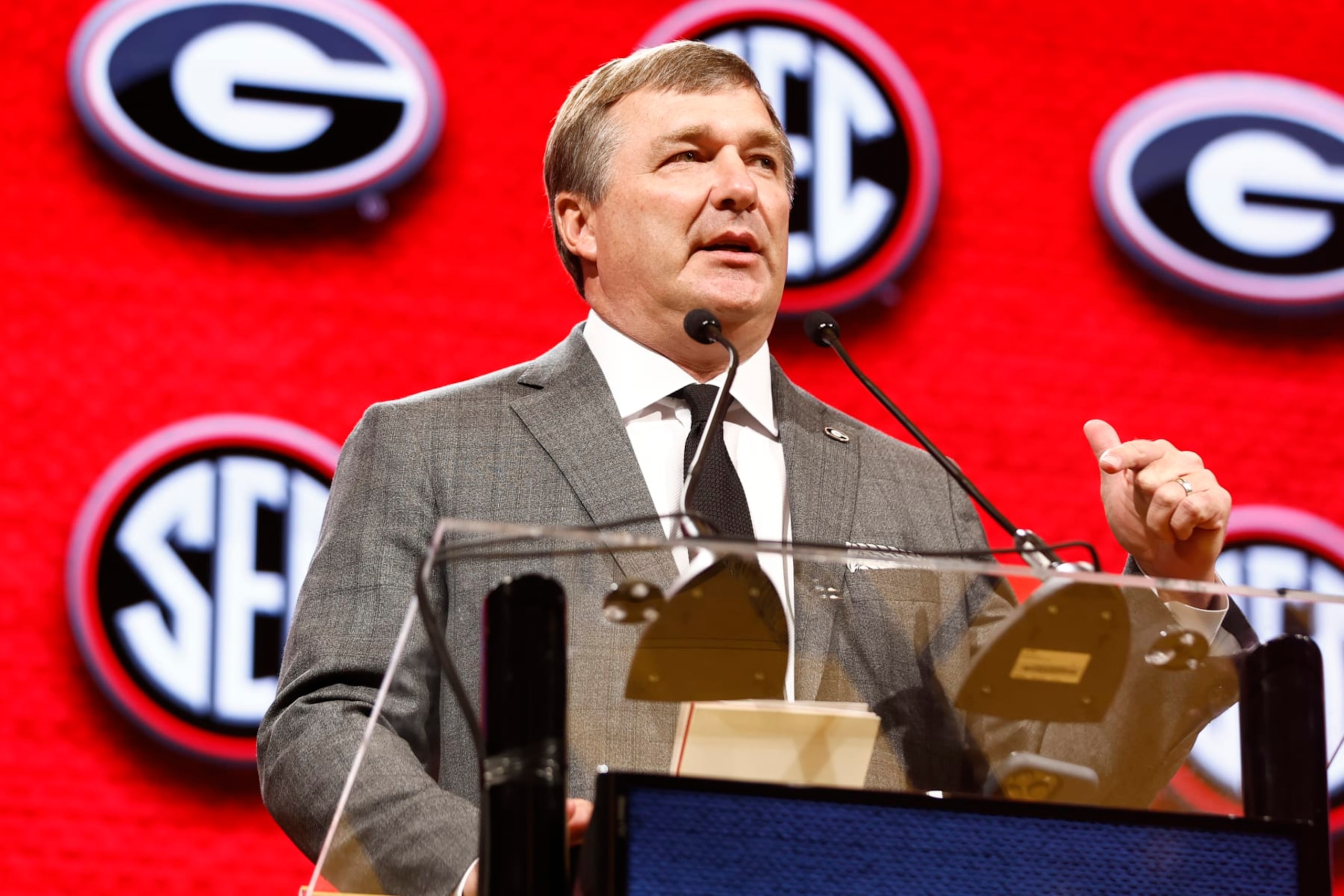 NASHVILLE, TENNESSEE - JULY 18: Head Coach Kirby Smart of the Georgia Bulldogs speaks during Day 2 of the 2023 SEC Media Days at Grand Hyatt Nashville on July 18, 2023 in Nashville, Tennessee. (Photo by Johnnie Izquierdo/Getty Images)