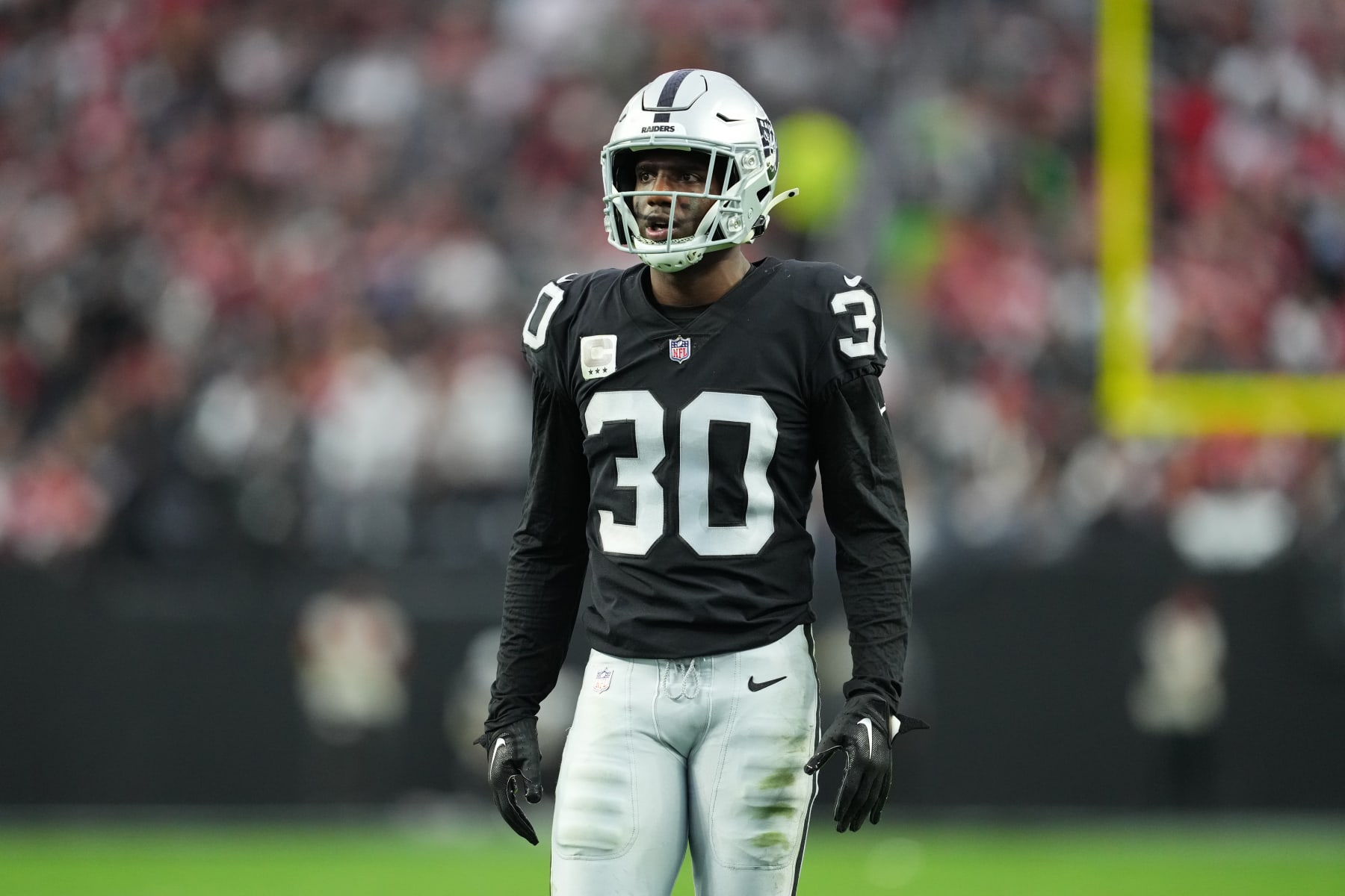 LAS VEGAS, NEVADA - JANUARY 01: Safety Duron Harmon #30 of the Las Vegas Raiders prepares for a play during the first half of a game against the San Francisco 49ers at Allegiant Stadium on January 01, 2023 in Las Vegas, Nevada. (Photo by Chris Unger/Getty Images)