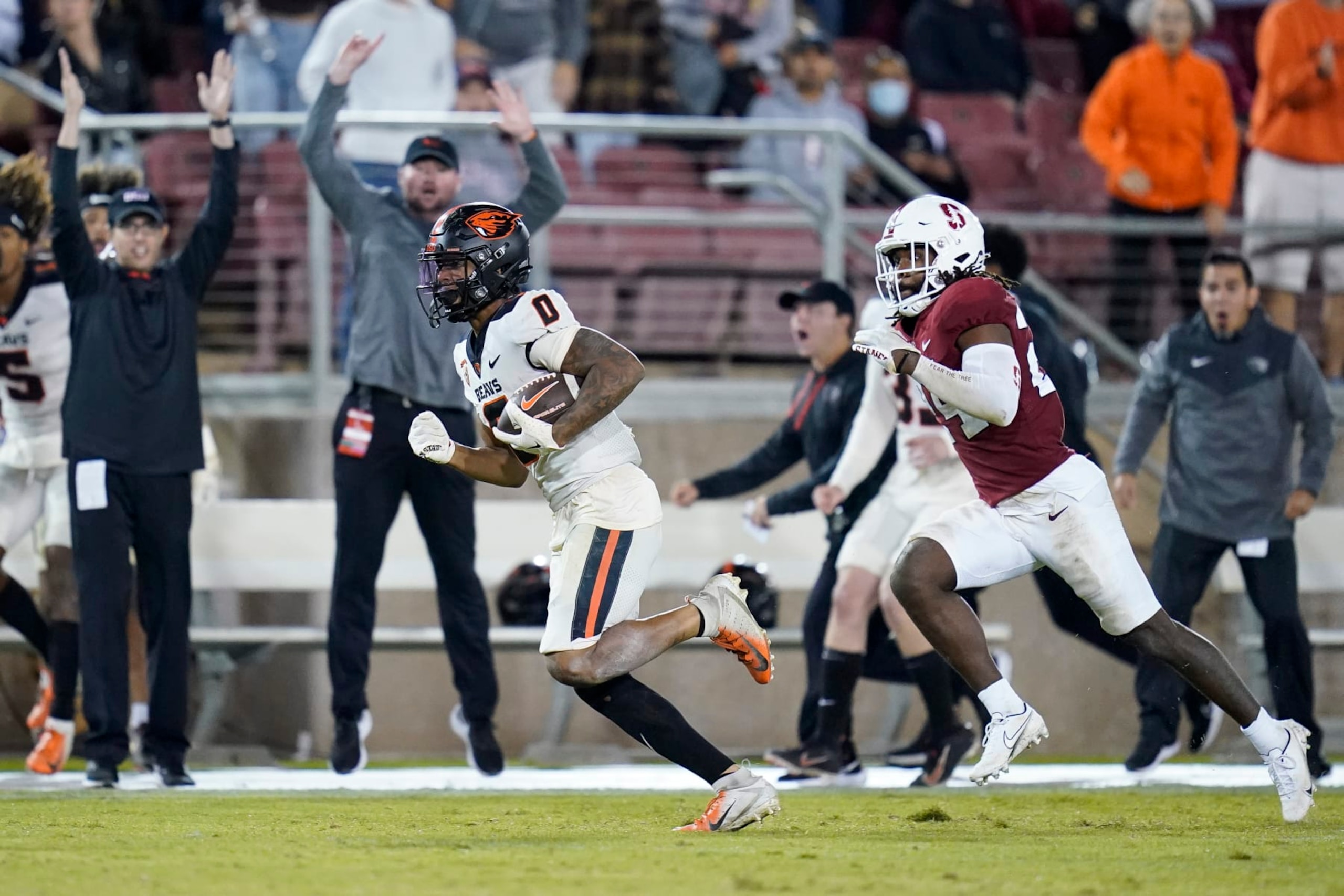 Oregon State wide receiver Tre'Shaun Harrison (0) runs after a catch for a 56-yard touchdown against Stanford during the second half of an NCAA college football game in Stanford, Calif., Saturday, Oct. 8, 2022. Oregon State won 28-27. (AP Photo/Godofredo A. Vásquez)
