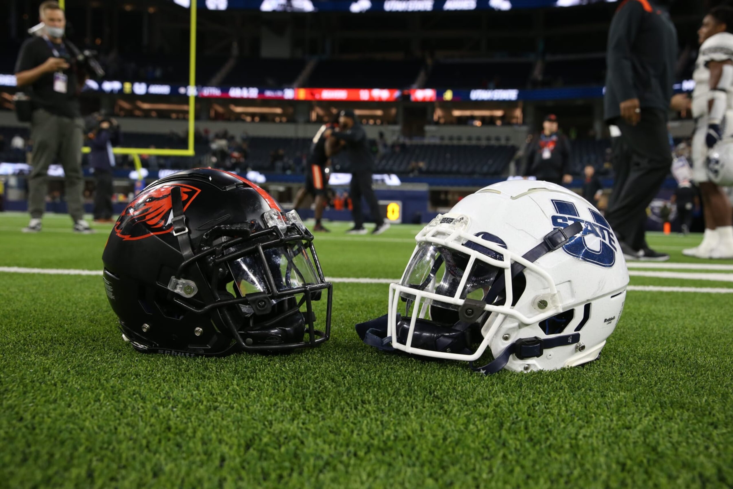 INGLEWOOD, CA -  DEC 18: Game helmets during the Jimmy Kimmel LA Bowl game between the Oregon State Beavers and the Utah State Aggies on December 18, 2021, at SoFi Stadium in Inglewood, CA. (Photo by Jevone Moore/Icon Sportswire via Getty Images)