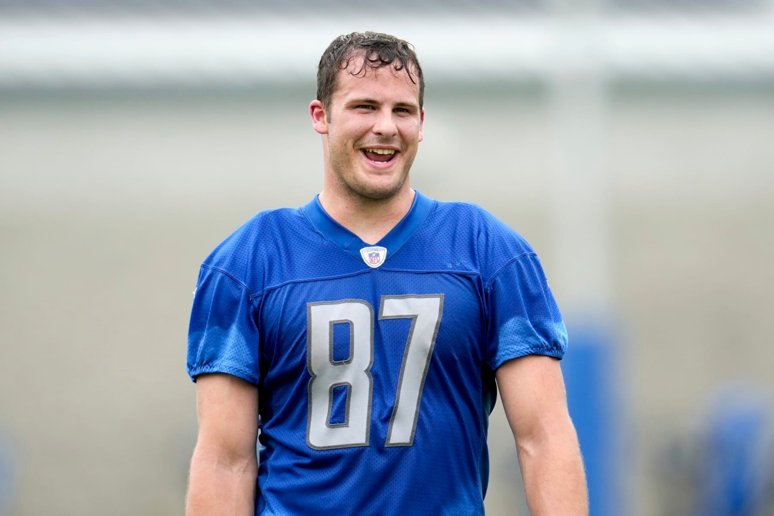 Detroit Lions tight end Sam LaPorta watches during an NFL football rookie minicamp practice in Allen Park, Mich., Saturday, May 13, 2023. (AP Photo/Paul Sancya)