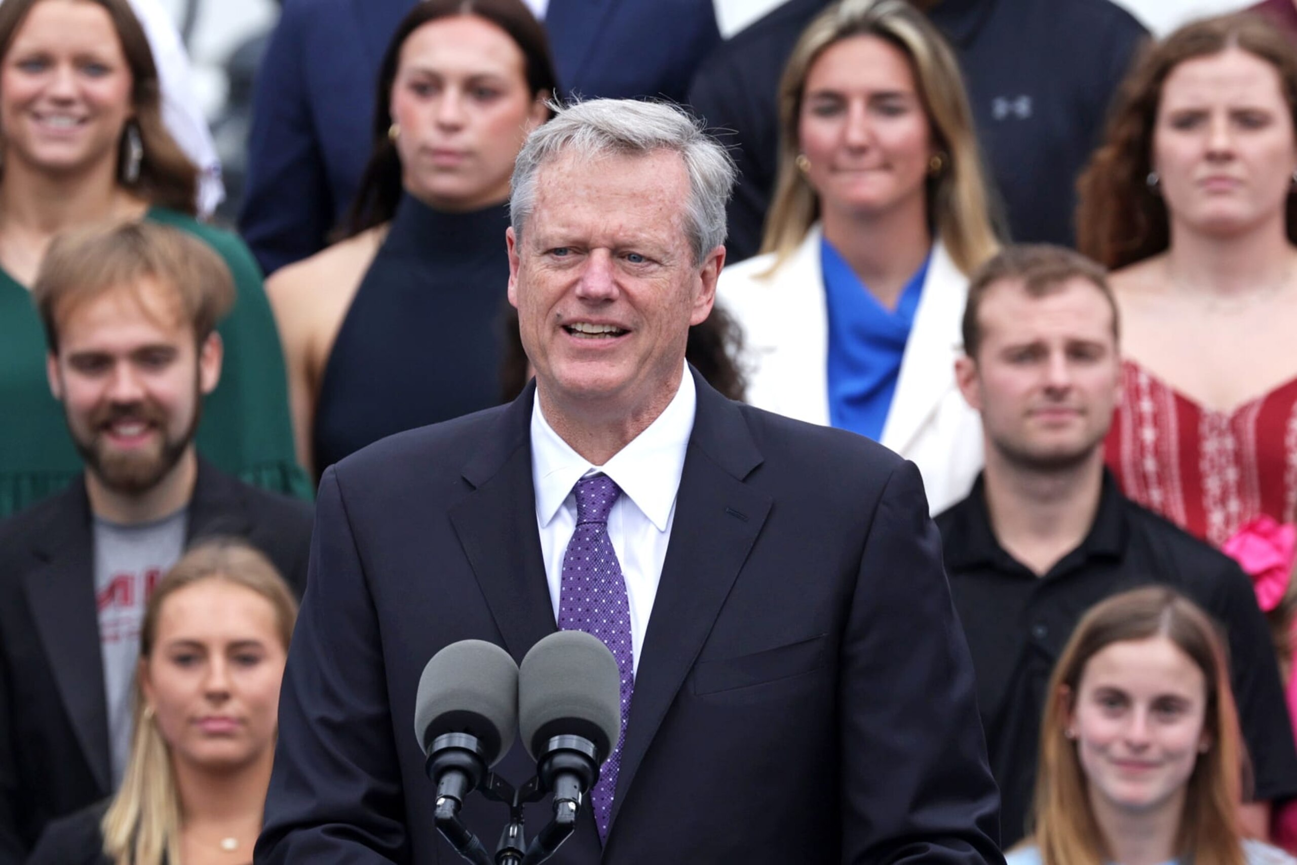 WASHINGTON, DC - JUNE 12: President of the NCAA and former Governor of Massachusetts Charlie Baker speaks during a College Athlete Day event to celebrate women’s and men’s NCAA championship teams from the 2022-2023 season on the South Lawn of the White House on June 12, 2023 in Washington, DC. Vice President Kamala Harris stepped in to host the event for President Biden because he had a root canal procedure this morning. (Photo by Alex Wong/Getty Images)