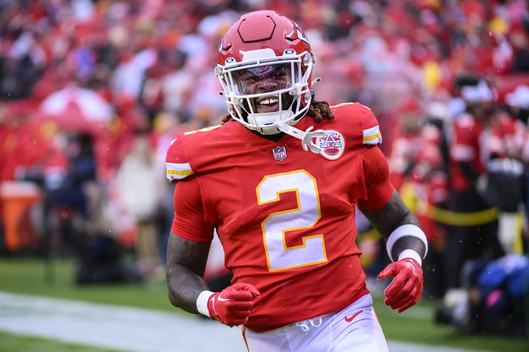 Kansas City Chiefs running back Ronald Jones during warmups before an NFL divisional round playoff football game against the Jacksonville Jaguars, Saturday, Jan. 21, 2023 in Kansas City, Mo. (AP Photo/Reed Hoffmann)