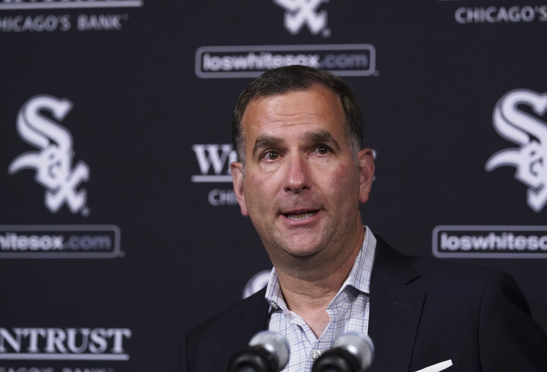 CHICAGO, ILLINOIS - OCTOBER 03: Senior Vice President/General Manager of the Chicago White Sox Rick Hahn speaks to reporters during a press conference prior to a game between the Chicago White Sox and the Minnesota Twins at Guaranteed Rate Field on October 03, 2022 in Chicago, Illinois. (Photo by Nuccio DiNuzzo/Getty Images)