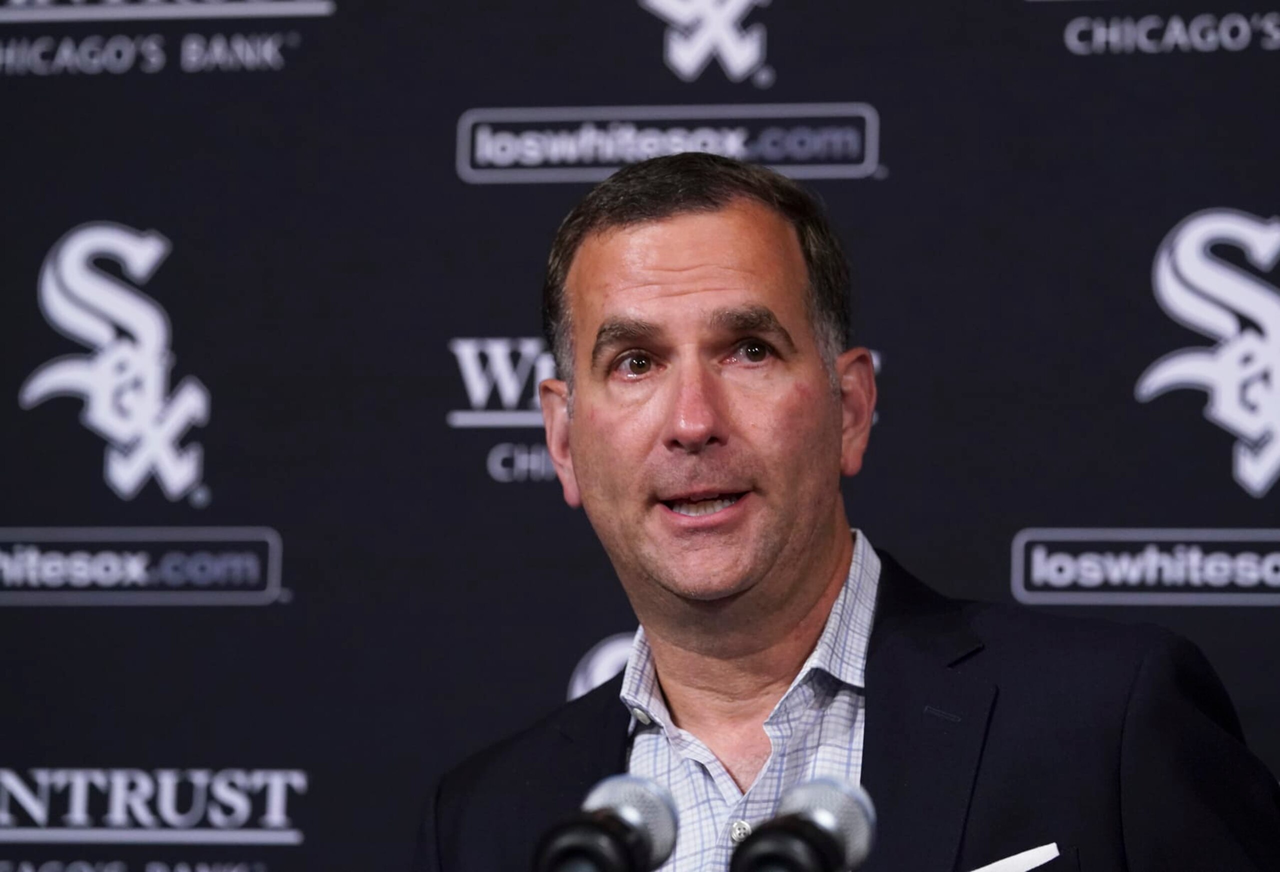 CHICAGO, ILLINOIS - OCTOBER 03: Senior Vice President/General Manager of the Chicago White Sox Rick Hahn speaks to reporters during a press conference prior to a game between the Chicago White Sox and the Minnesota Twins at Guaranteed Rate Field on October 03, 2022 in Chicago, Illinois. (Photo by Nuccio DiNuzzo/Getty Images)