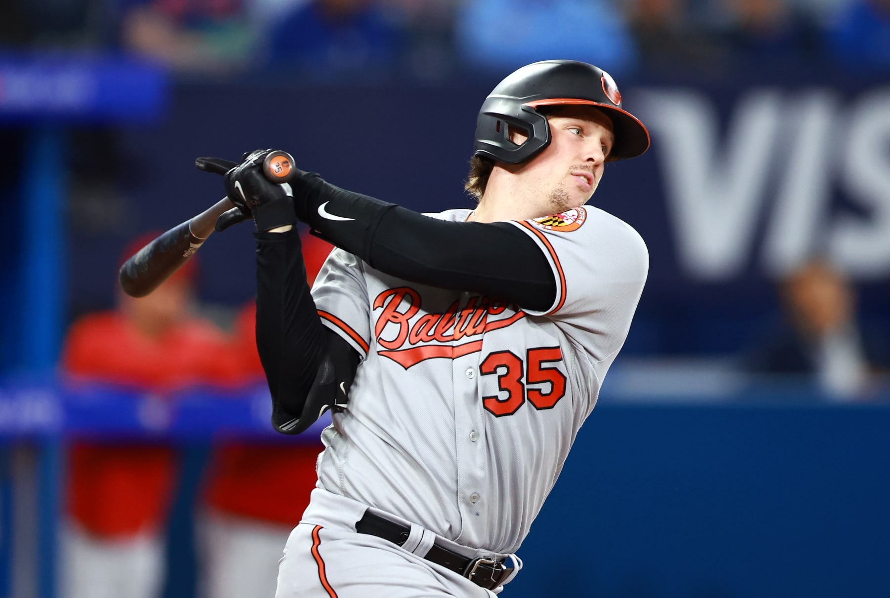 TORONTO, ON - JULY 31:  Adley Rutschman #35 of the Baltimore Orioles bats against the Toronto Blue Jays at Rogers Centre on July 31, 2023 in Toronto, Ontario, Canada.  (Photo by Vaughn Ridley/Getty Images)
