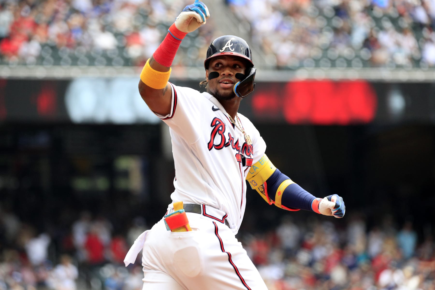 ATLANTA, GA - AUGUST 02: Atlanta Braves right fielder Ronald Acuna Jr. #13 reacts after hitting a home run during the MLB game between the Los Angeles Angels and the Atlanta Braves on August 2, 2023 at TRUIST Park in Atlanta, GA. (Photo by Jeff Robinson/Icon Sportswire via Getty Images)