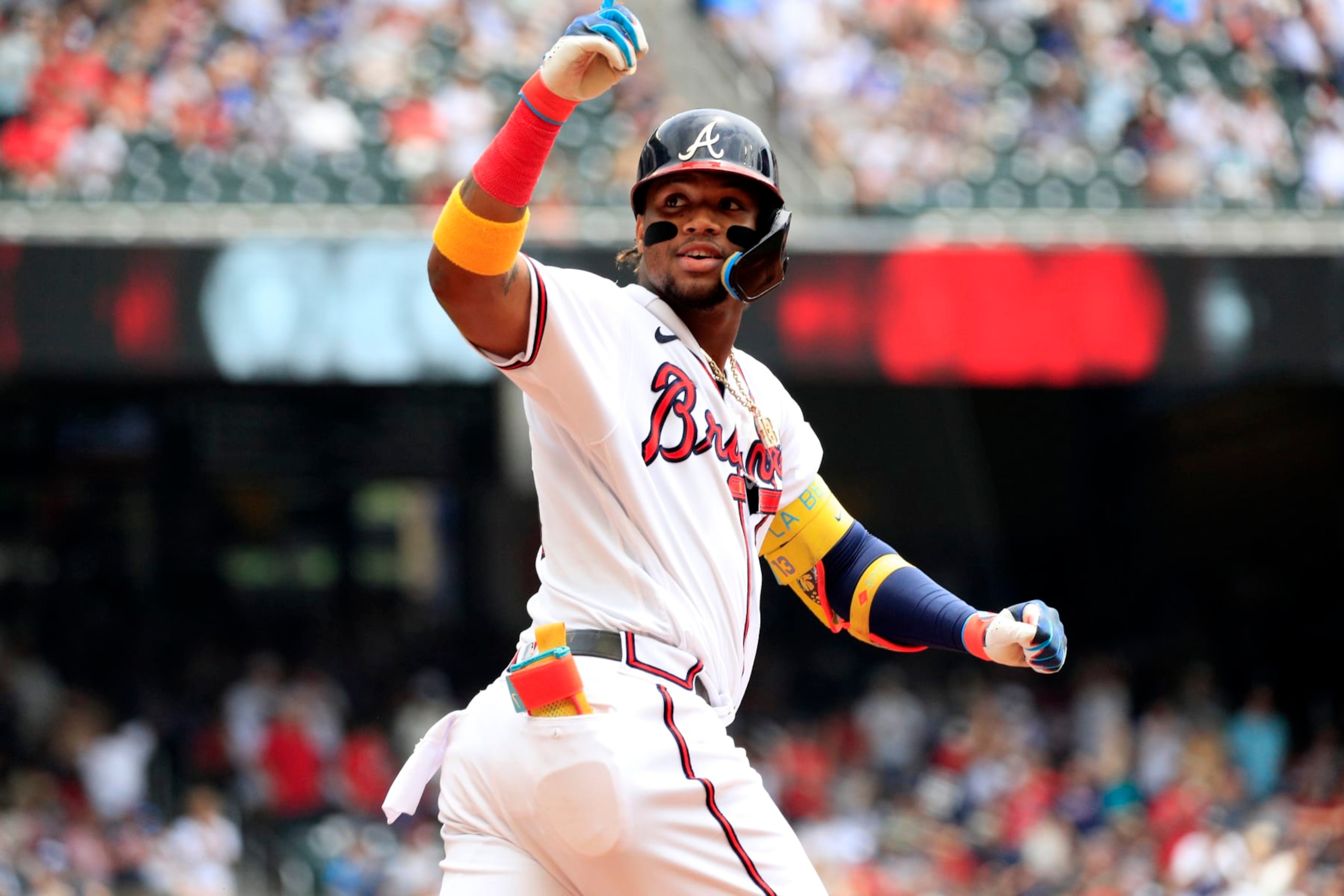 ATLANTA, GA - AUGUST 02: Atlanta Braves right fielder Ronald Acuna Jr. #13 reacts after hitting a home run during the MLB game between the Los Angeles Angels and the Atlanta Braves on August 2, 2023 at TRUIST Park in Atlanta, GA. (Photo by Jeff Robinson/Icon Sportswire via Getty Images)