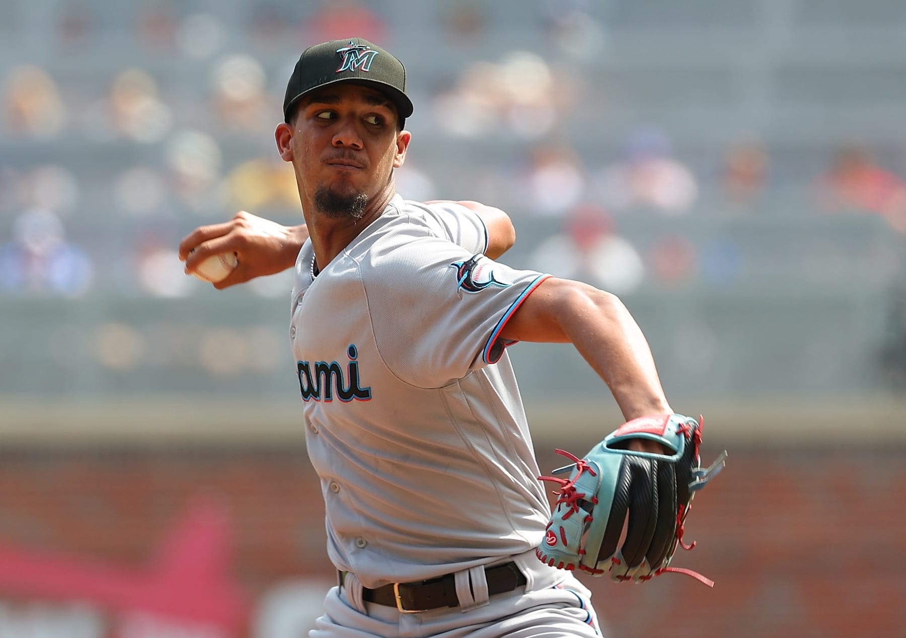 ATLANTA, GEORGIA - JULY 01:  Starting pitcher Eury Perez #39 of the Miami Marlins pitches in the first inning against the Atlanta Braves at Truist Park on July 01, 2023 in Atlanta, Georgia. (Photo by Kevin C. Cox/Getty Images)