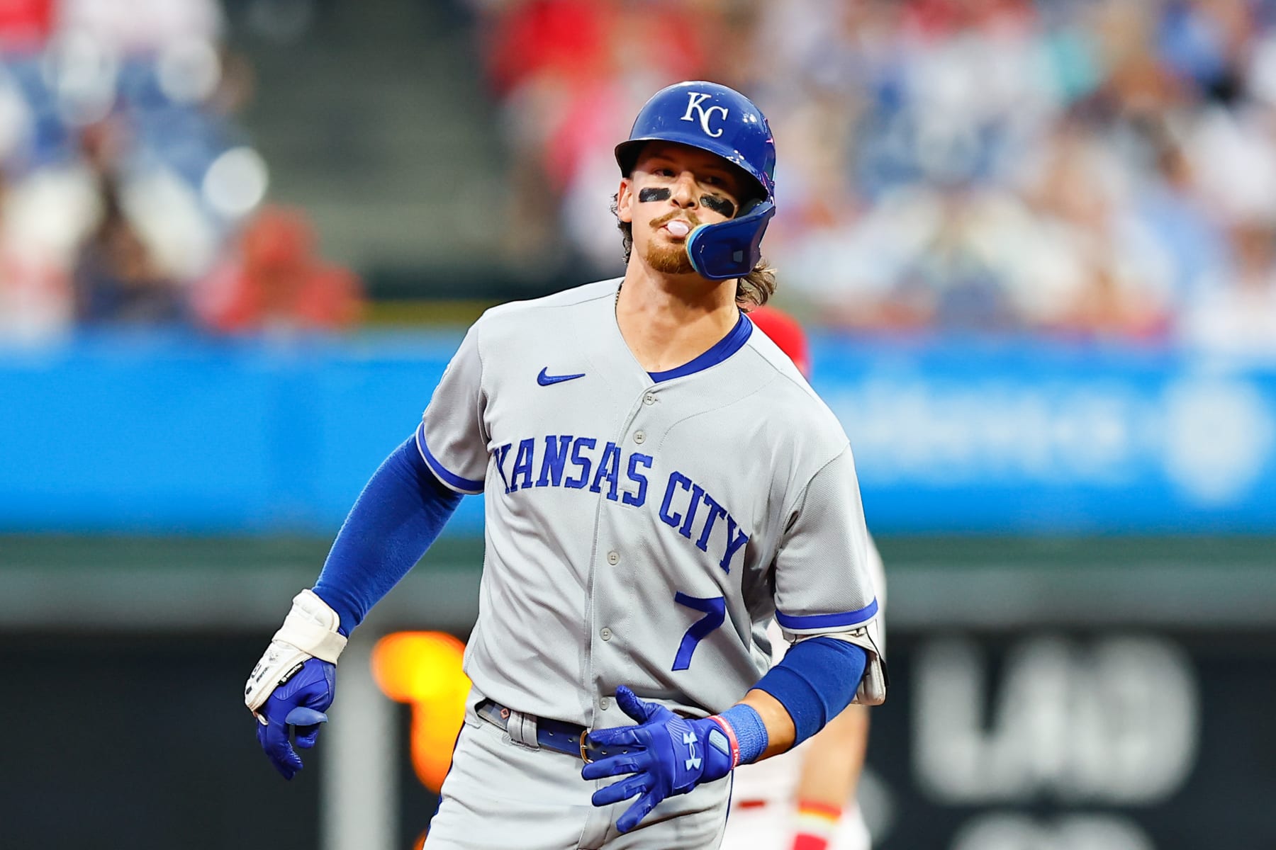 PHILADELPHIA, PA - AUGUST 04:  Bobby Witt Jr. #7 of the Kansas City Royals rounds the bases after hitting a two run home run during the game against the Philadelphia Phillies on August 4, 2023 at Citizens Bank Park in Philadelphia, Pennsylvania.  (Photo by Rich Graessle/Icon Sportswire via Getty Images)