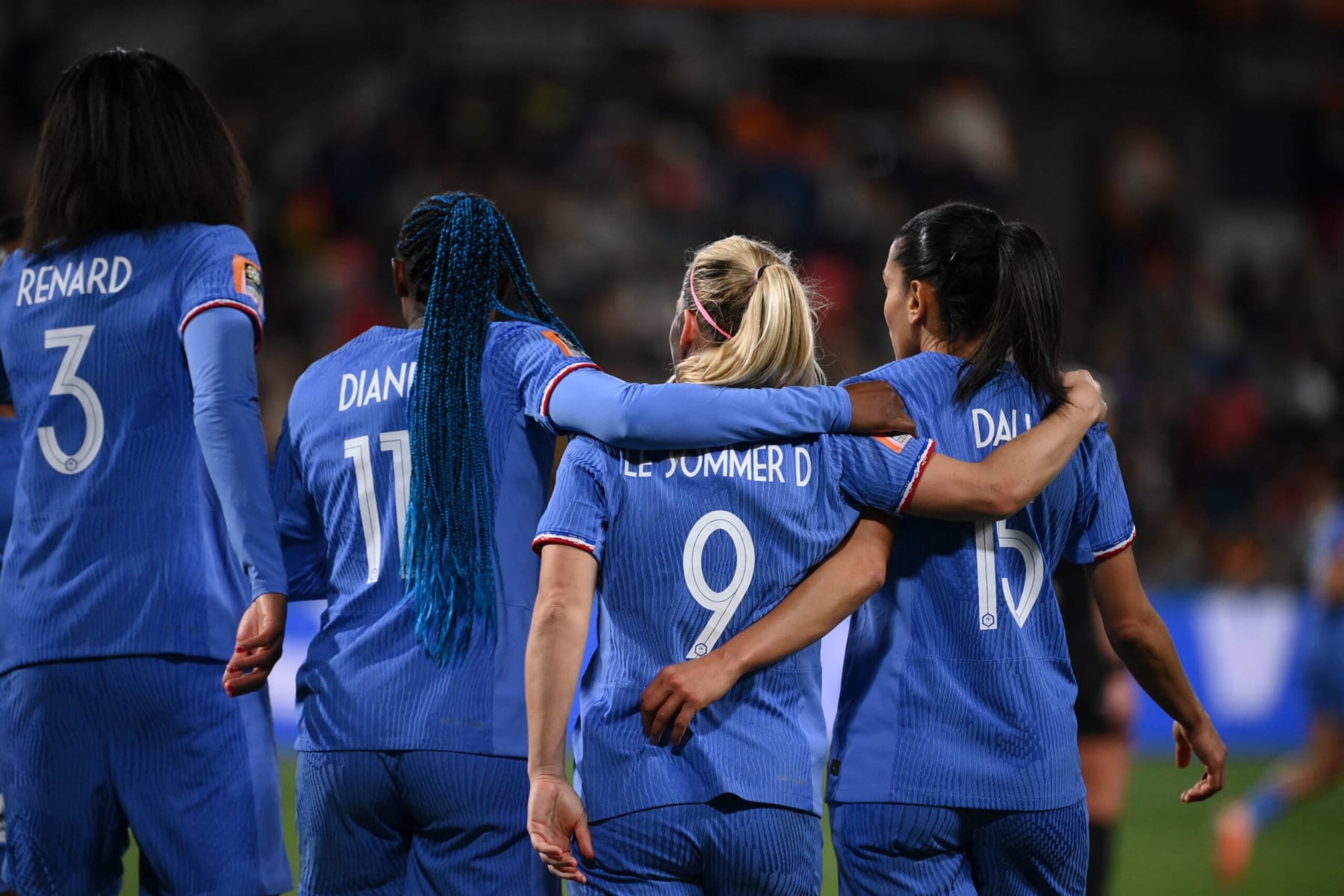 France's forward #09 Eugenie Le Sommer celebrates with teammates scoring her team's fourth goal during the Australia and New Zealand 2023 Women's World Cup round of 16 football match between France and Morocco at Hindmarsh Stadium in Adelaide on August 8, 2023. (Photo by FRANCK FIFE / AFP) (Photo by FRANCK FIFE/AFP via Getty Images)