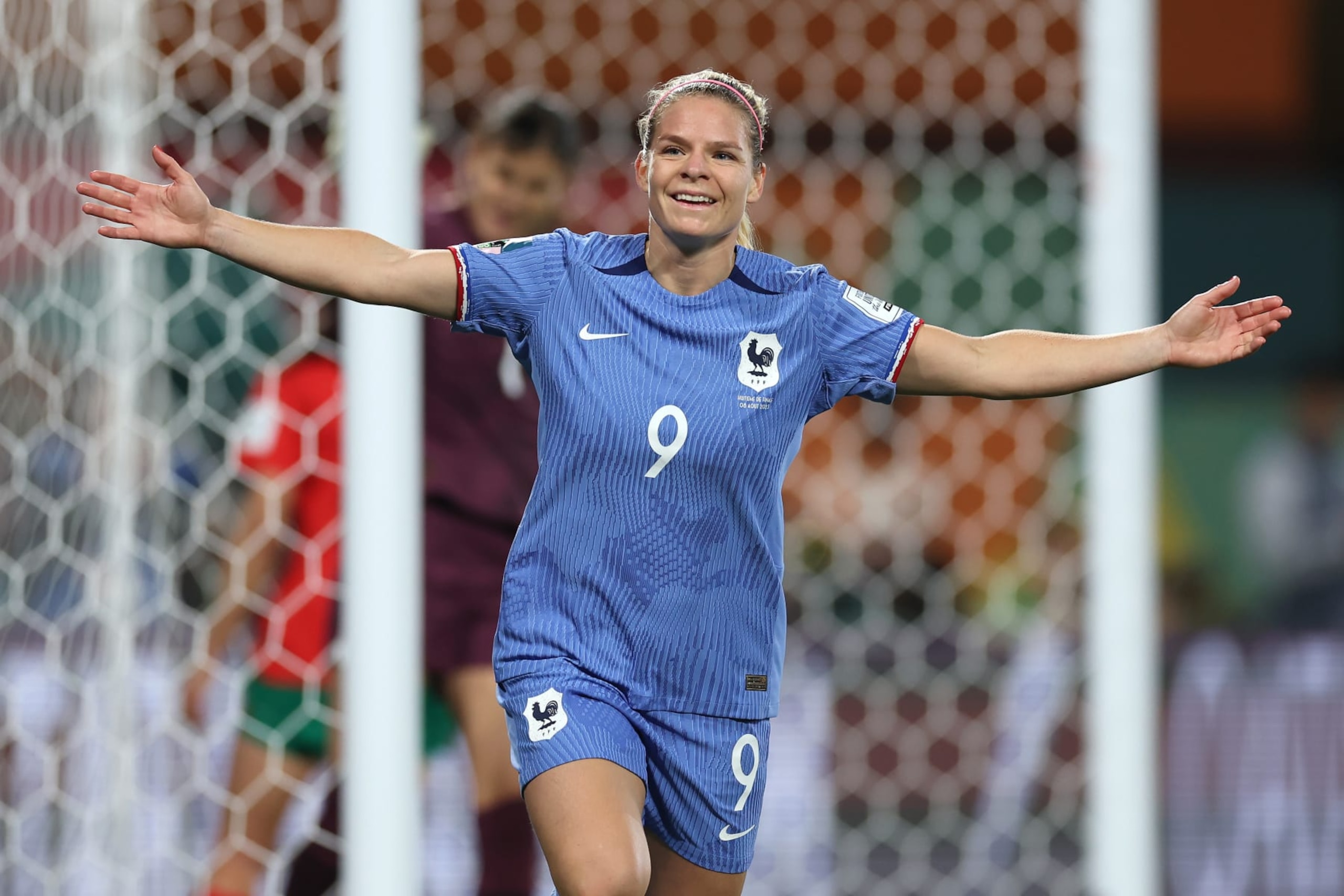 ADELAIDE, AUSTRALIA - AUGUST 08: Eugenie Le Sommer of France celebrates after scoring her team's fourth goal during the FIFA Women's World Cup Australia & New Zealand 2023 Round of 16 match between France and Morocco at Hindmarsh Stadium on August 08, 2023 in Adelaide / Tarntanya, Australia. (Photo by Maddie Meyer - FIFA/FIFA via Getty Images)